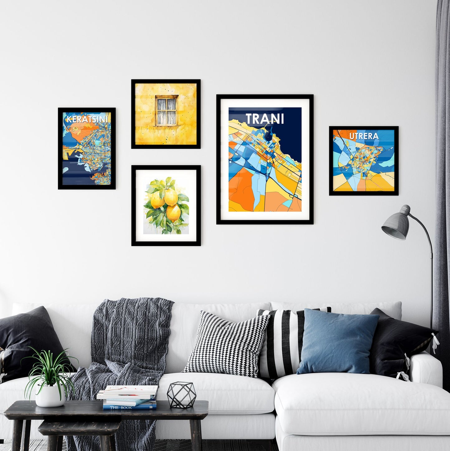 TRANI ITALY Vibrant Colorful Art Map Poster Blue Orange