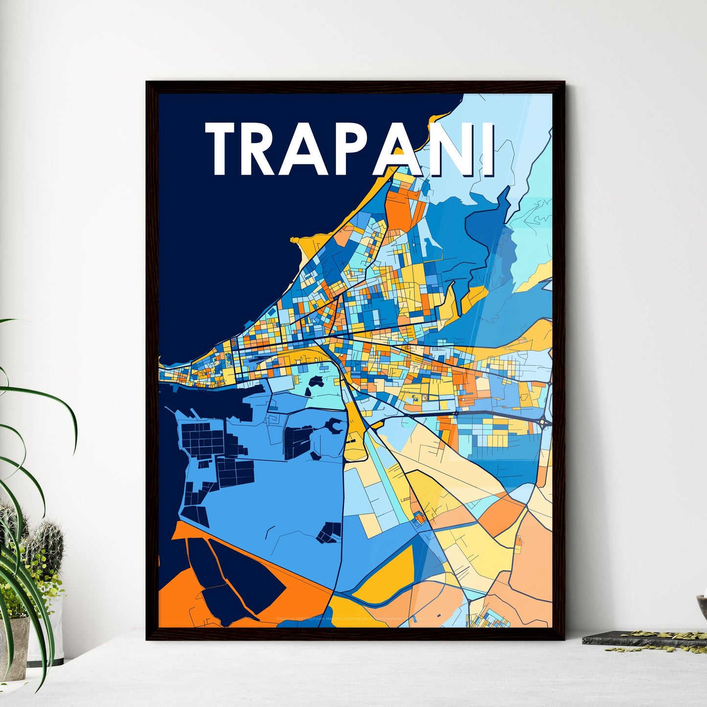 TRAPANI ITALY Vibrant Colorful Art Map Poster Blue Orange