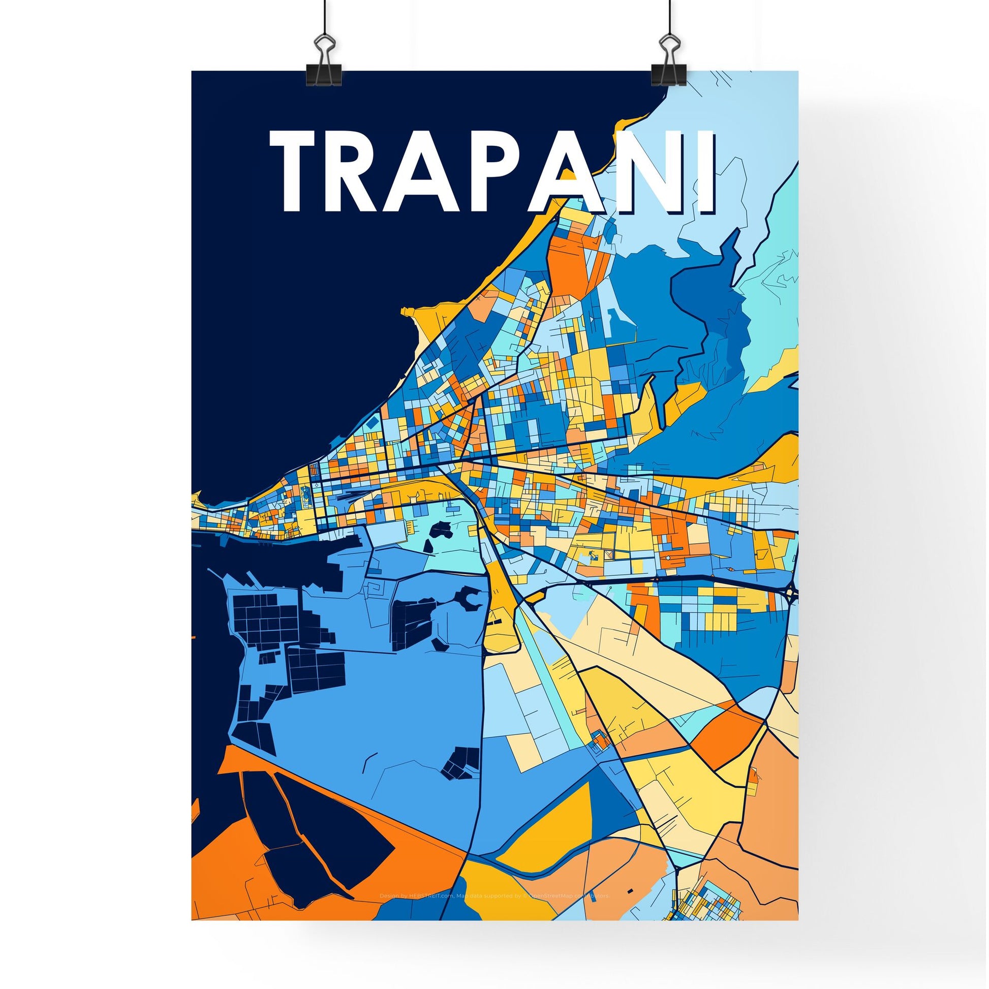 TRAPANI ITALY Vibrant Colorful Art Map Poster Blue Orange