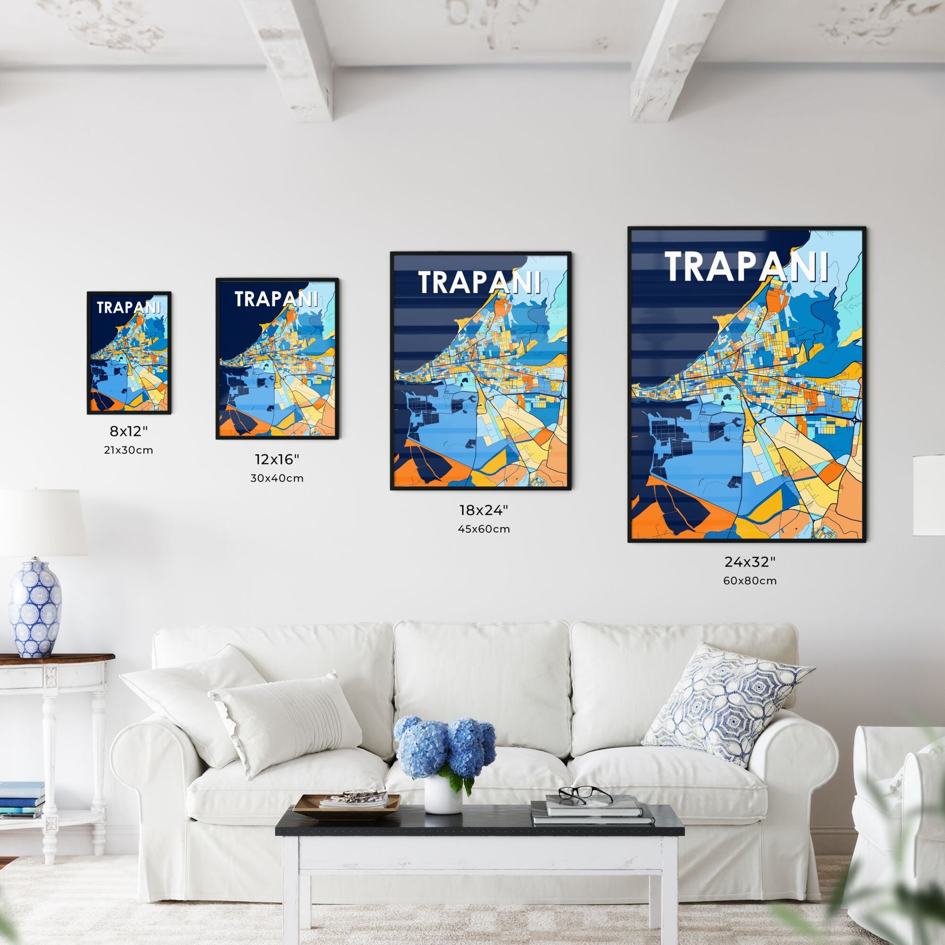 TRAPANI ITALY Vibrant Colorful Art Map Poster Blue Orange