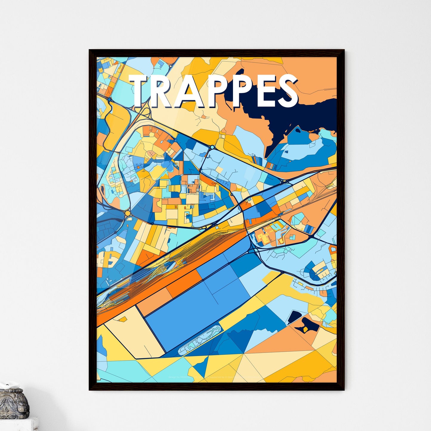 TRAPPES FRANCE Vibrant Colorful Art Map Poster Blue Orange