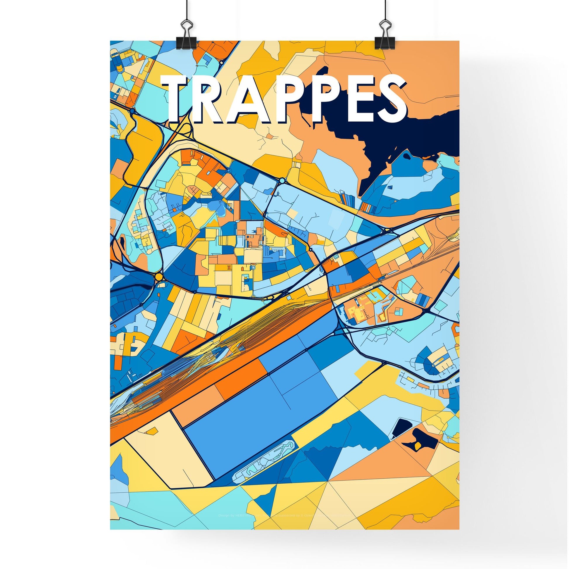 TRAPPES FRANCE Vibrant Colorful Art Map Poster Blue Orange