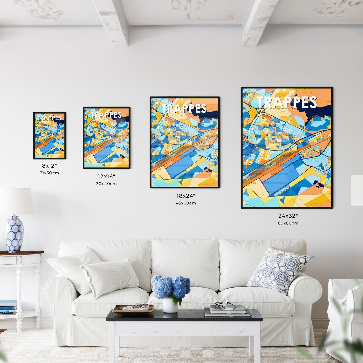 TRAPPES FRANCE Vibrant Colorful Art Map Poster Blue Orange