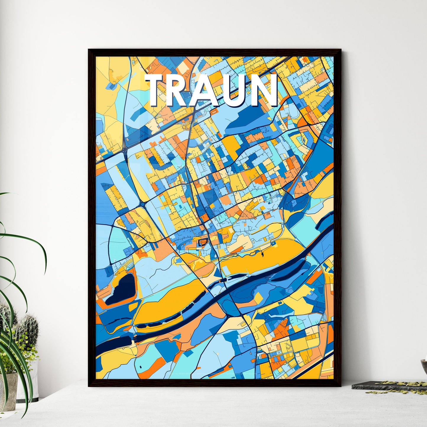 TRAUN AUSTRIA Vibrant Colorful Art Map Poster Blue Orange