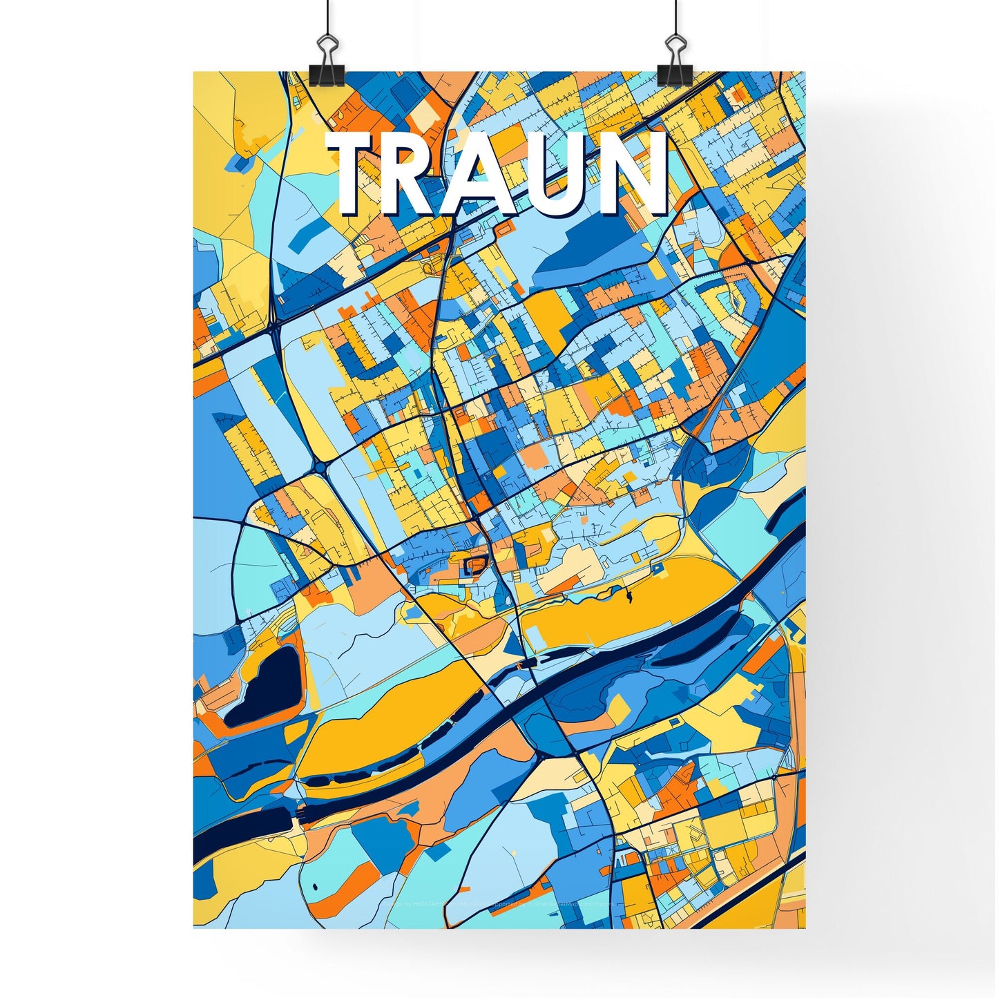 TRAUN AUSTRIA Vibrant Colorful Art Map Poster Blue Orange