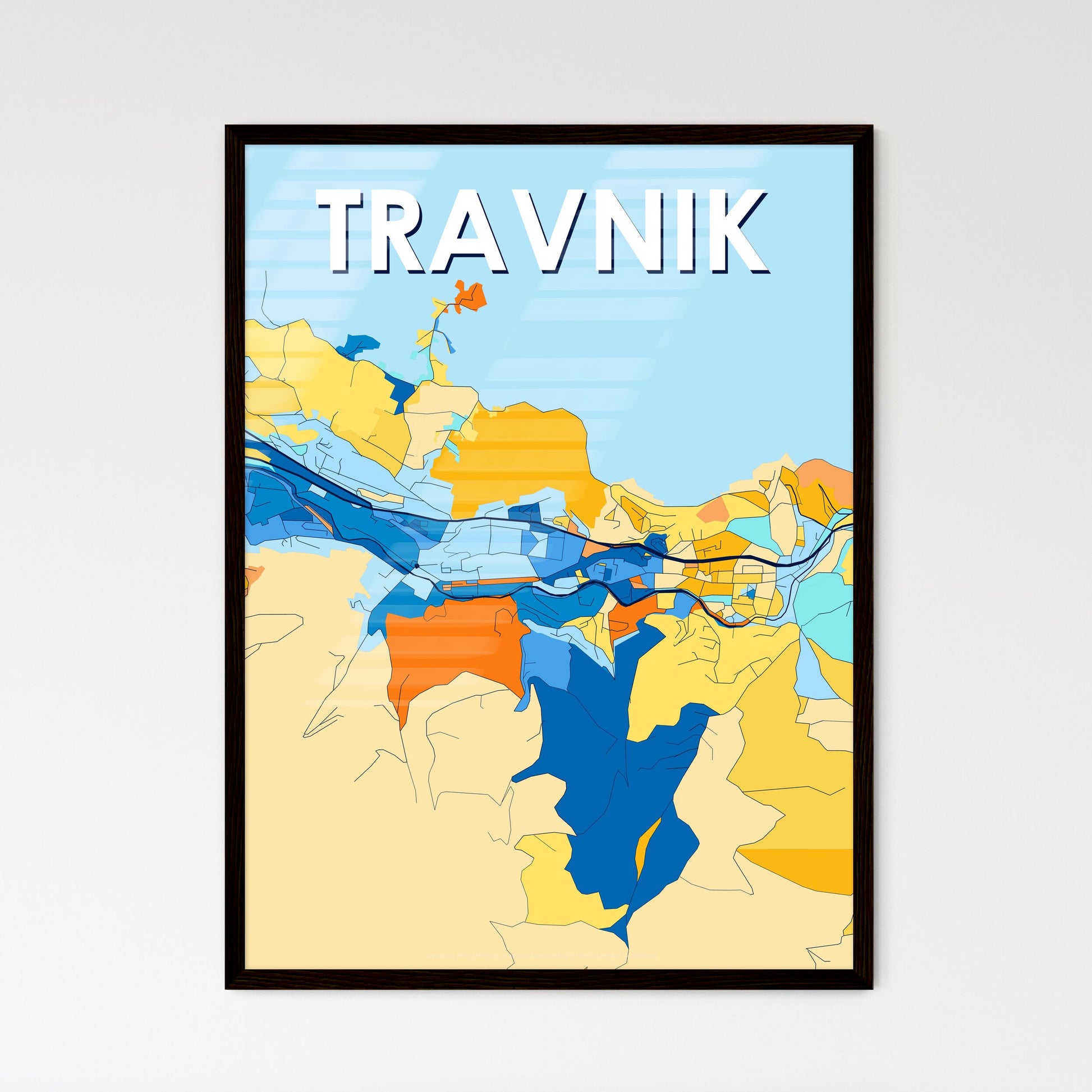 TRAVNIK BOSNIA AND HERZEGOVINA Vibrant Colorful Art Map Poster Blue Orange