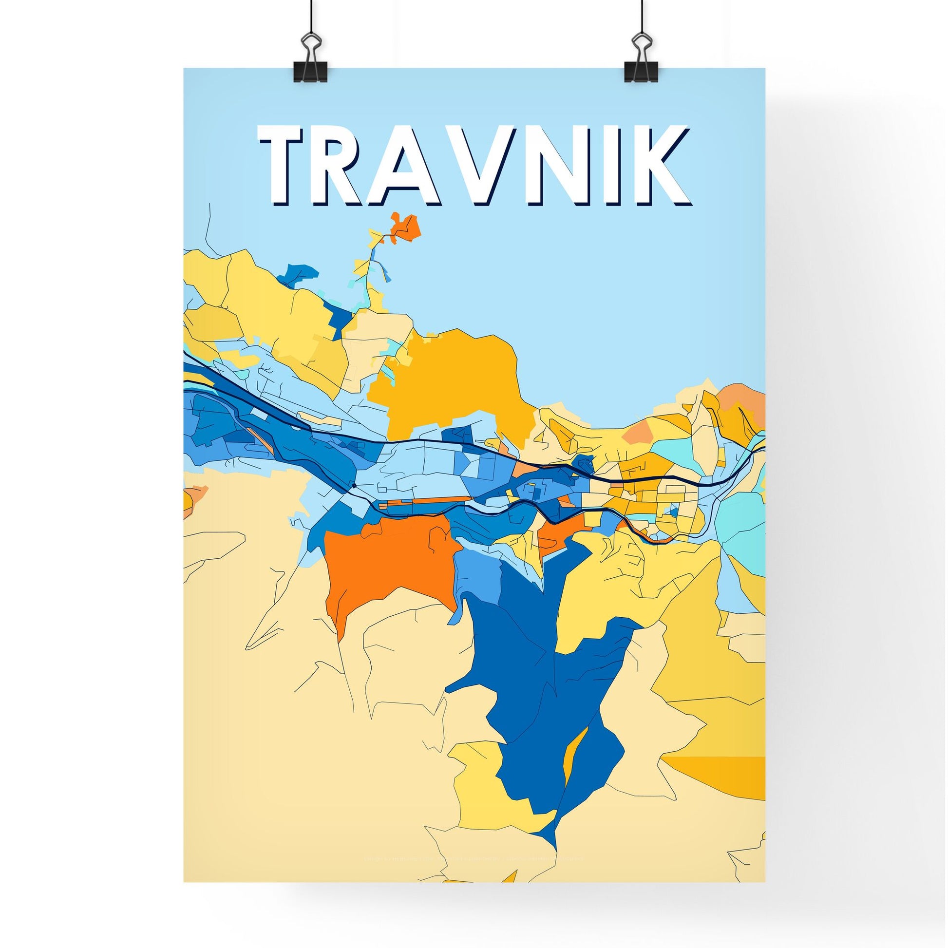 TRAVNIK BOSNIA AND HERZEGOVINA Vibrant Colorful Art Map Poster Blue Orange