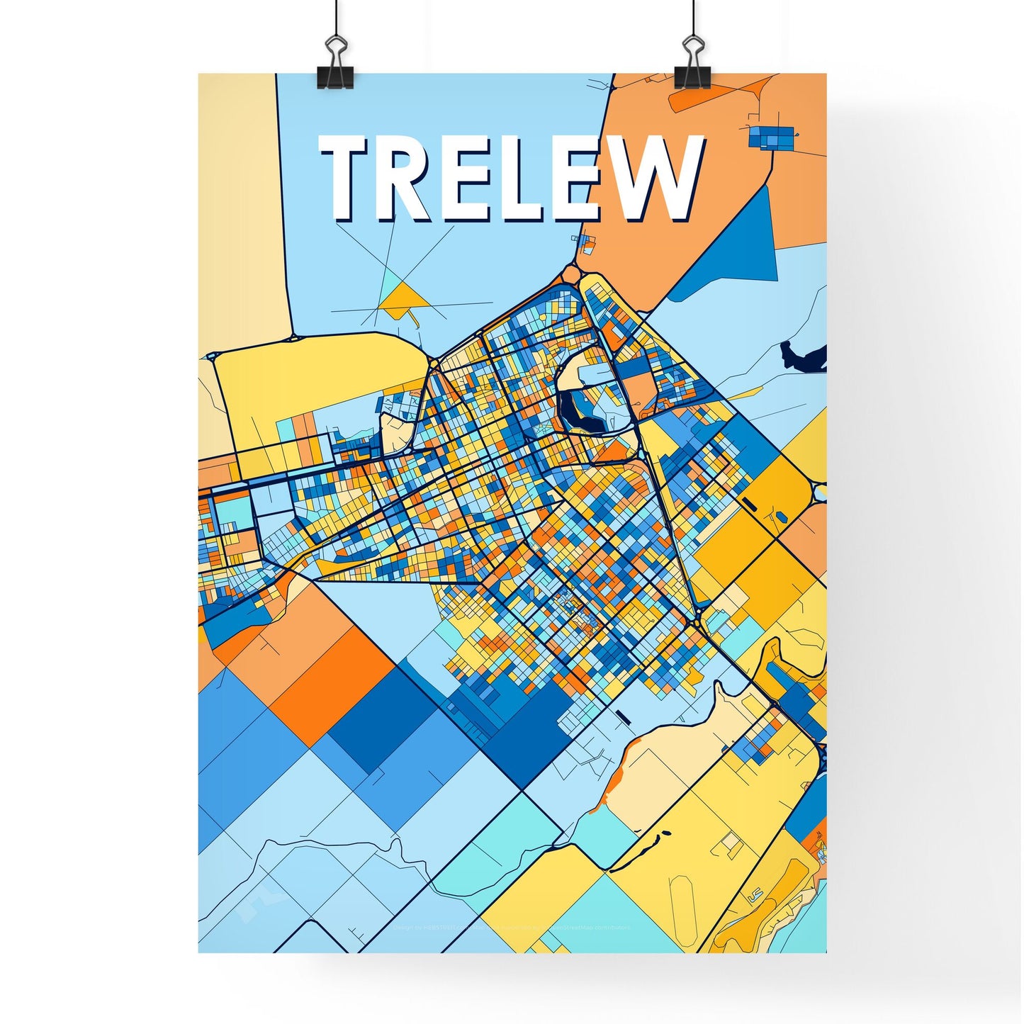 TRELEW ARGENTINA Vibrant Colorful Art Map Poster Blue Orange