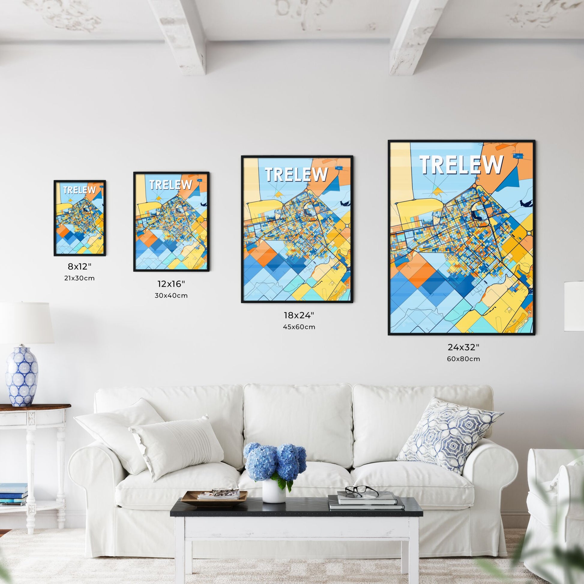 TRELEW ARGENTINA Vibrant Colorful Art Map Poster Blue Orange