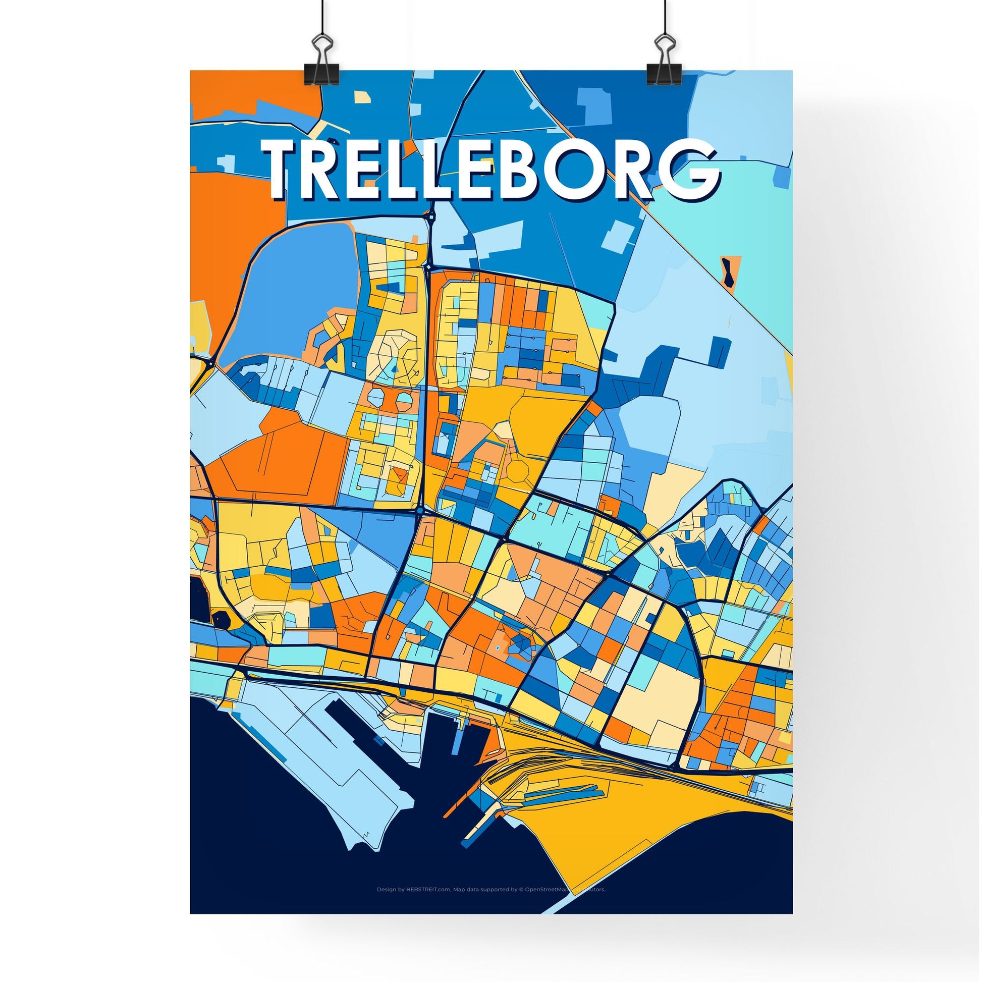 TRELLEBORG SWEDEN Vibrant Colorful Art Map Poster Blue Orange