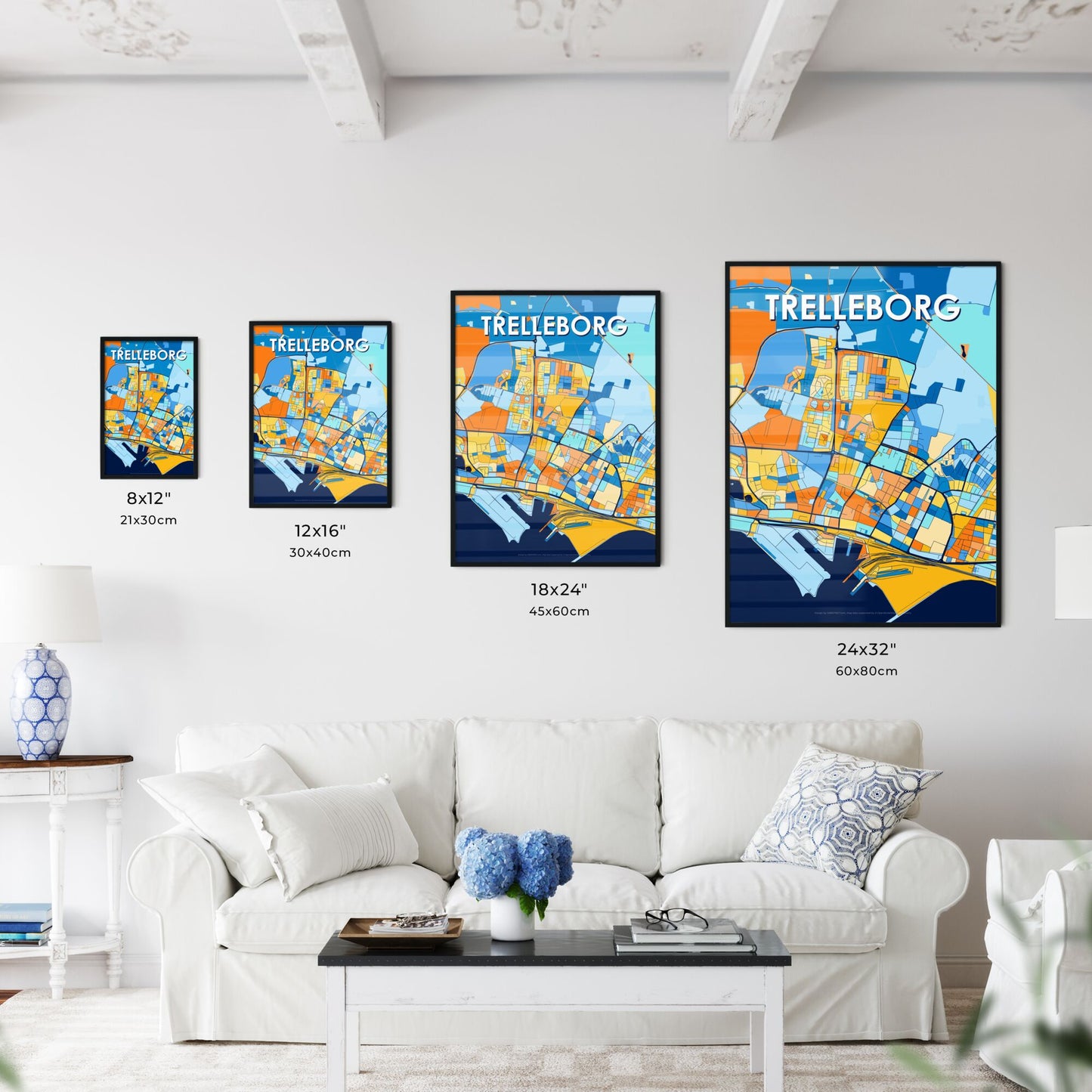 TRELLEBORG SWEDEN Vibrant Colorful Art Map Poster Blue Orange