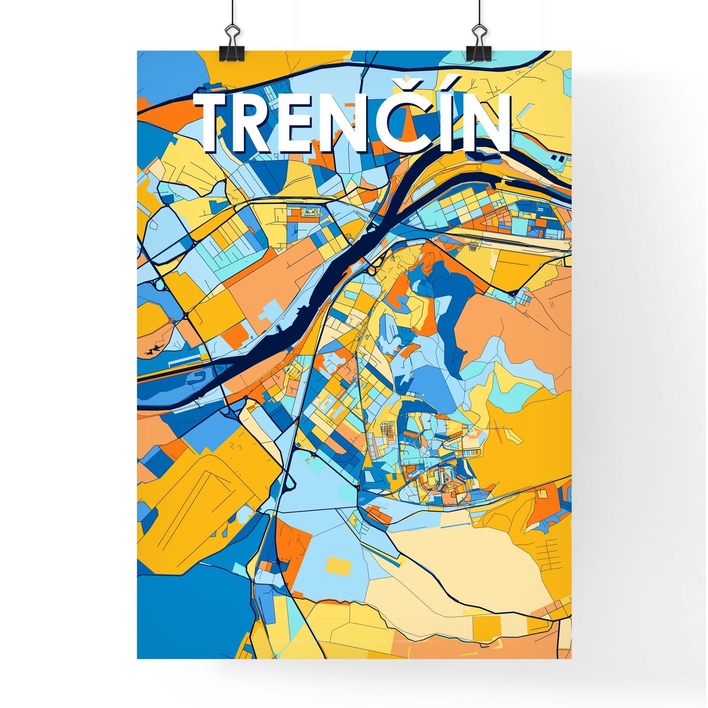 TRENČÍN SLOVAKIA Vibrant Colorful Art Map Poster Blue Orange