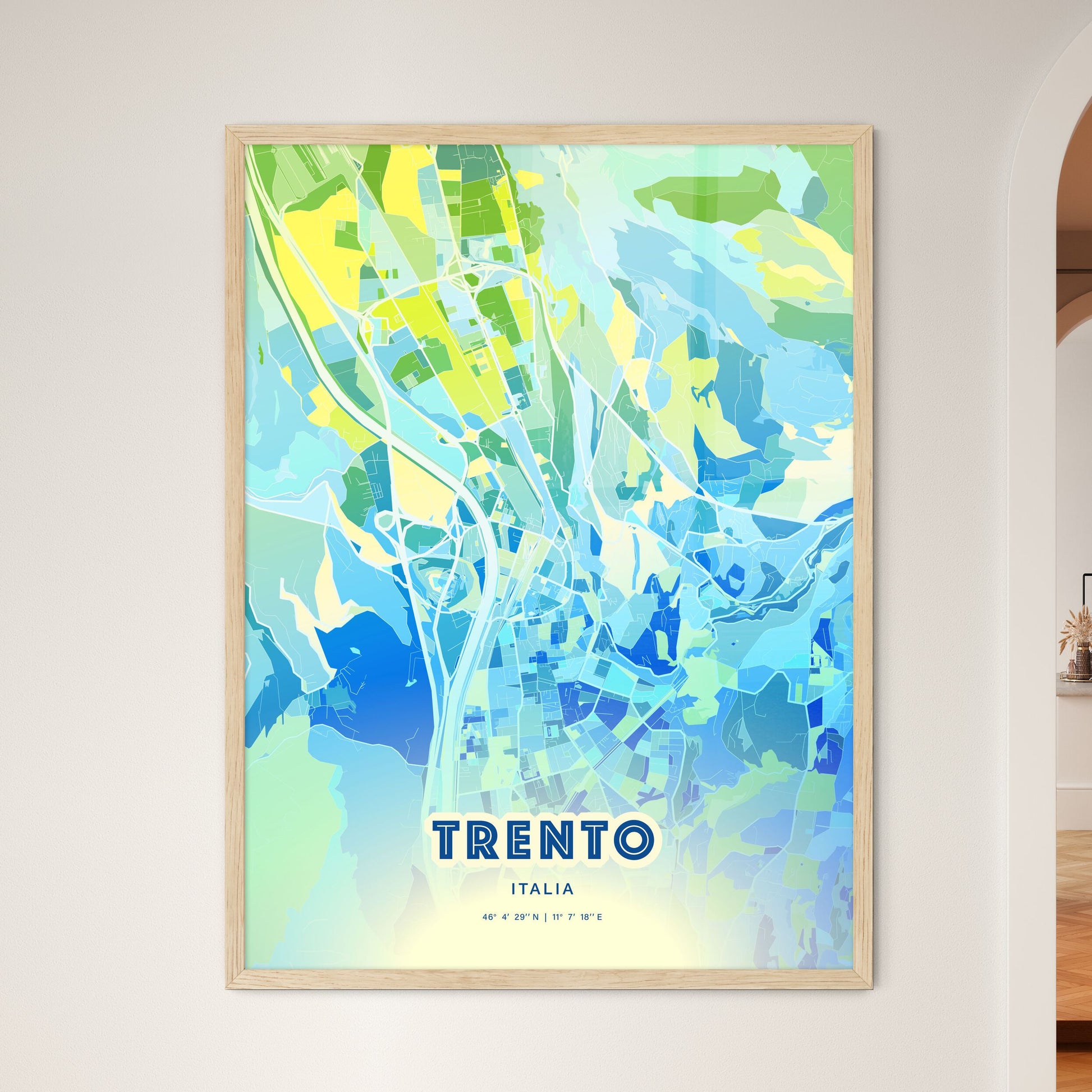 Colorful Trento Italy Fine Art Map Cool Blue