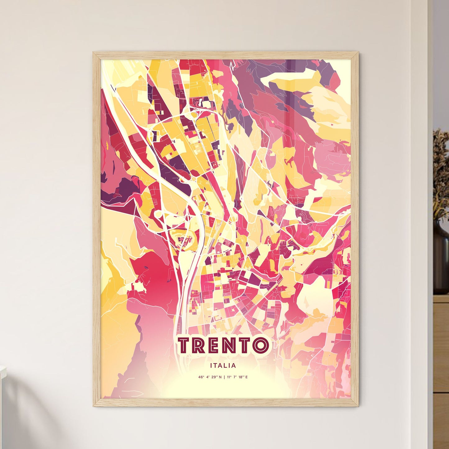 Colorful Trento Italy Fine Art Map Hot Red