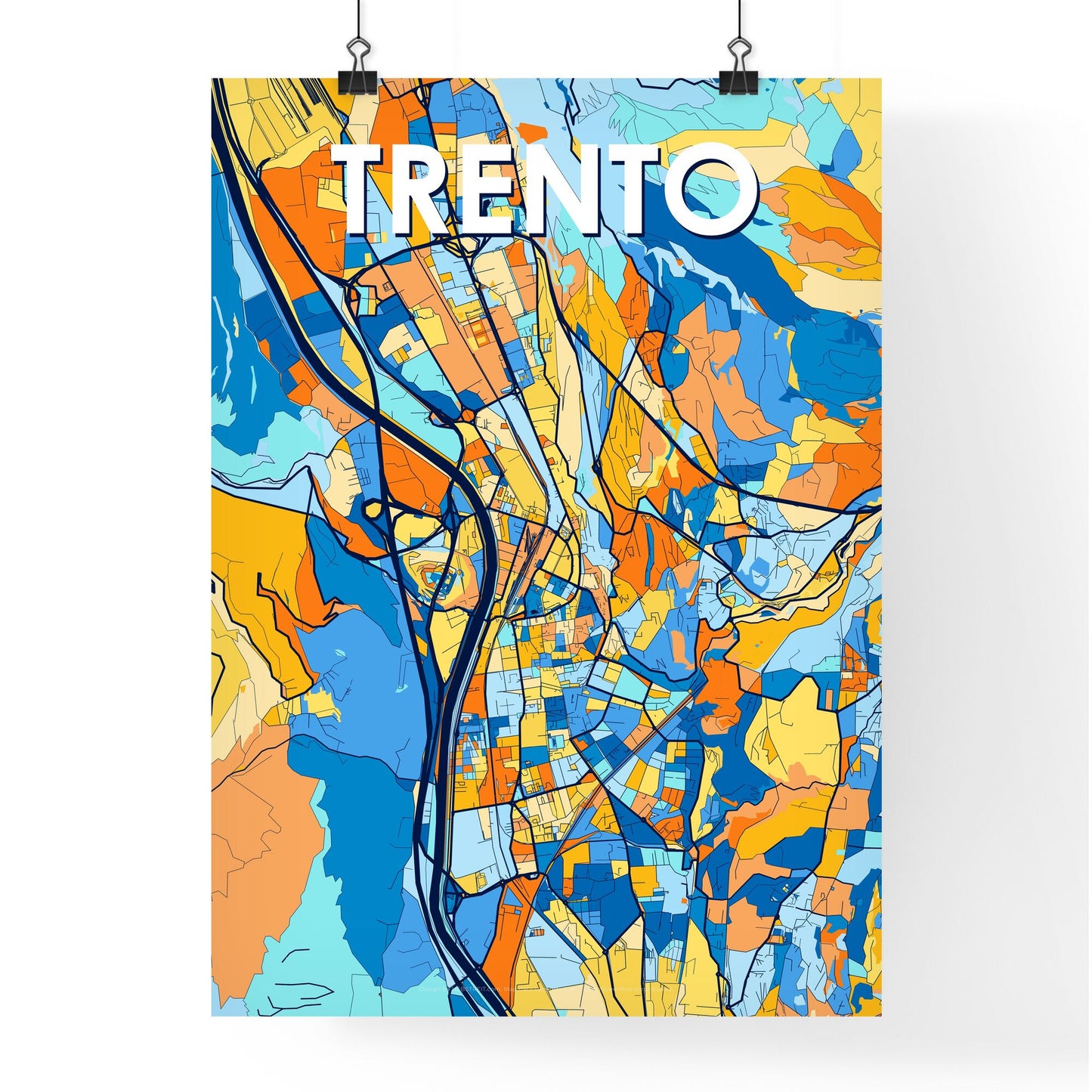 TRENTO ITALY Vibrant Colorful Art Map Poster Blue Orange