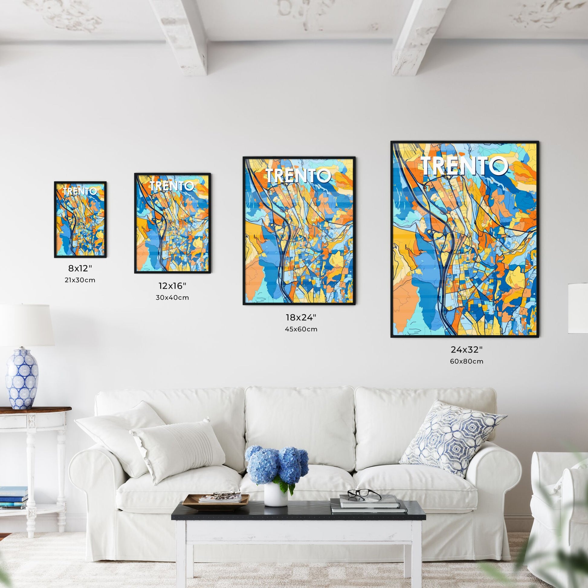 TRENTO ITALY Vibrant Colorful Art Map Poster Blue Orange