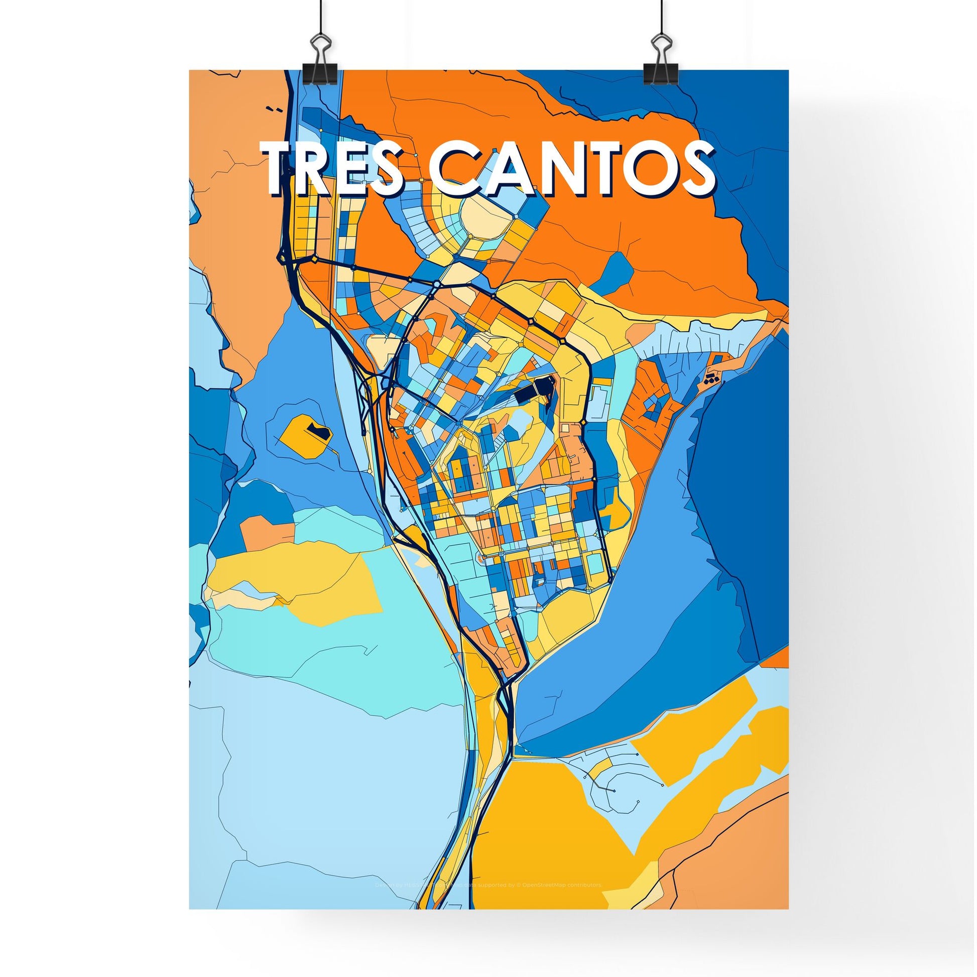 TRES CANTOS SPAIN Vibrant Colorful Art Map Poster Blue Orange