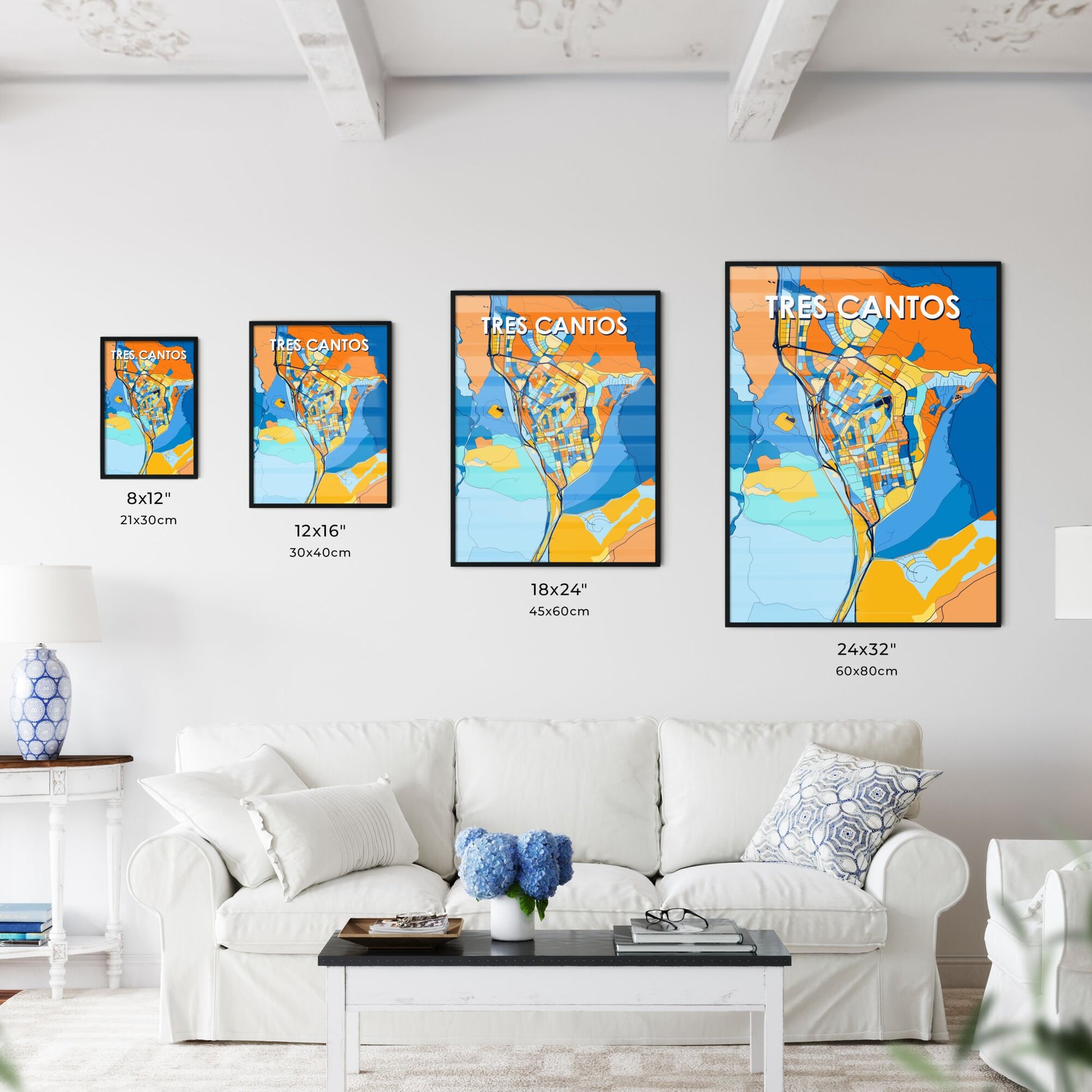 TRES CANTOS SPAIN Vibrant Colorful Art Map Poster Blue Orange