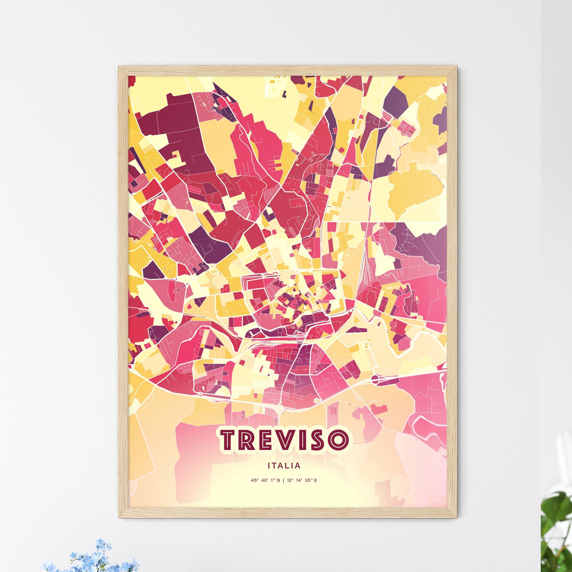 Colorful Treviso Italy Fine Art Map Hot Red