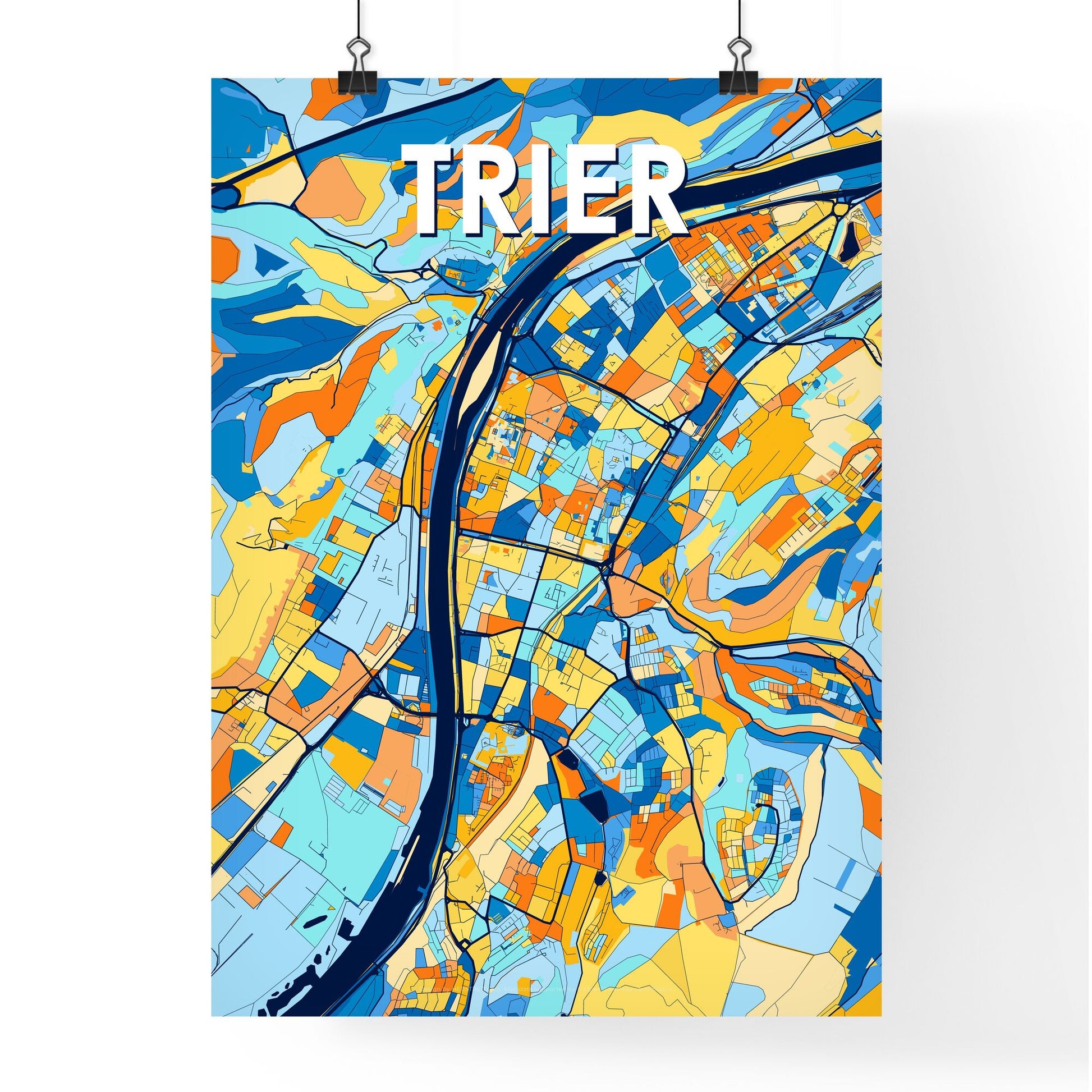 TRIER GERMANY Vibrant Colorful Art Map Poster Blue Orange