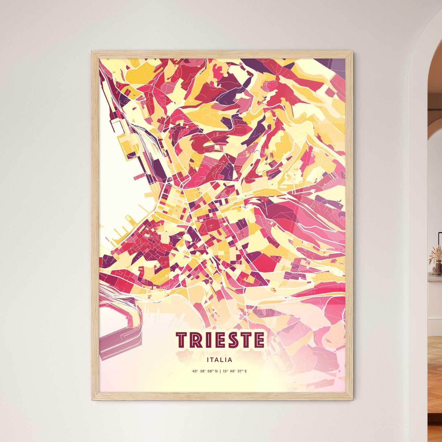Colorful Trieste Italy Fine Art Map Hot Red