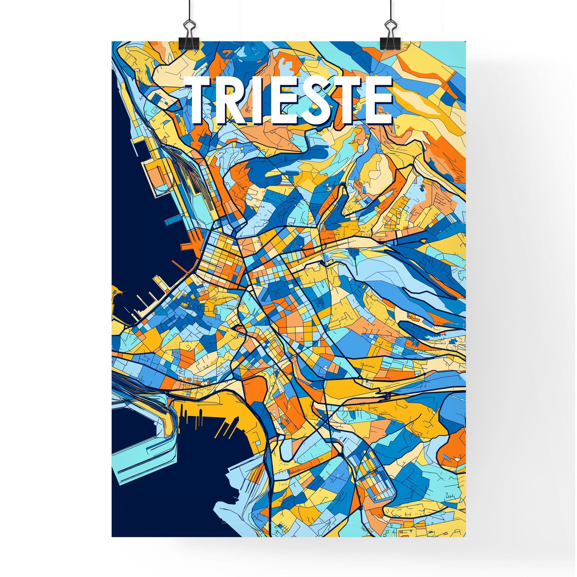 TRIESTE ITALY Vibrant Colorful Art Map Poster Blue Orange