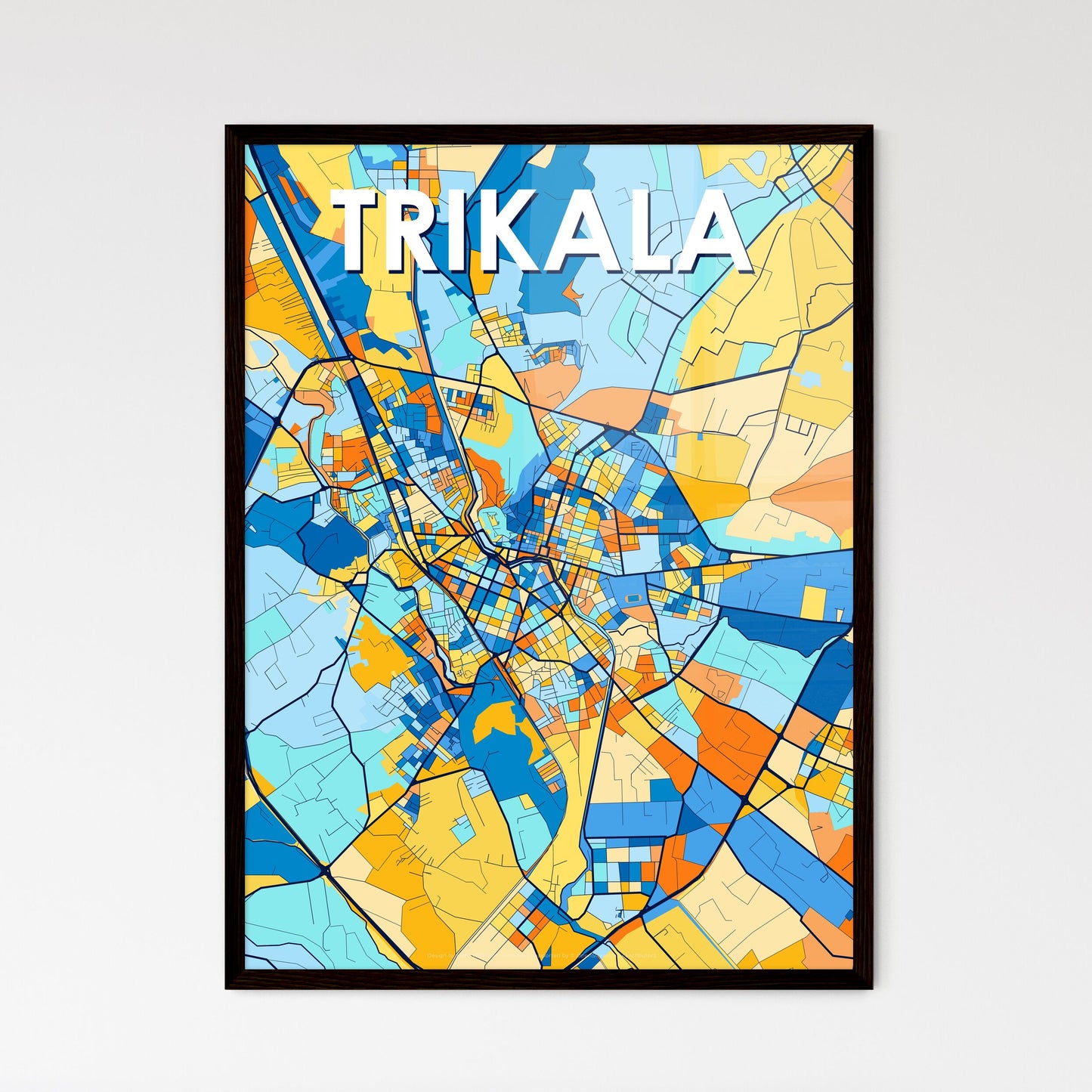 TRIKALA GREECE Vibrant Colorful Art Map Poster Blue Orange