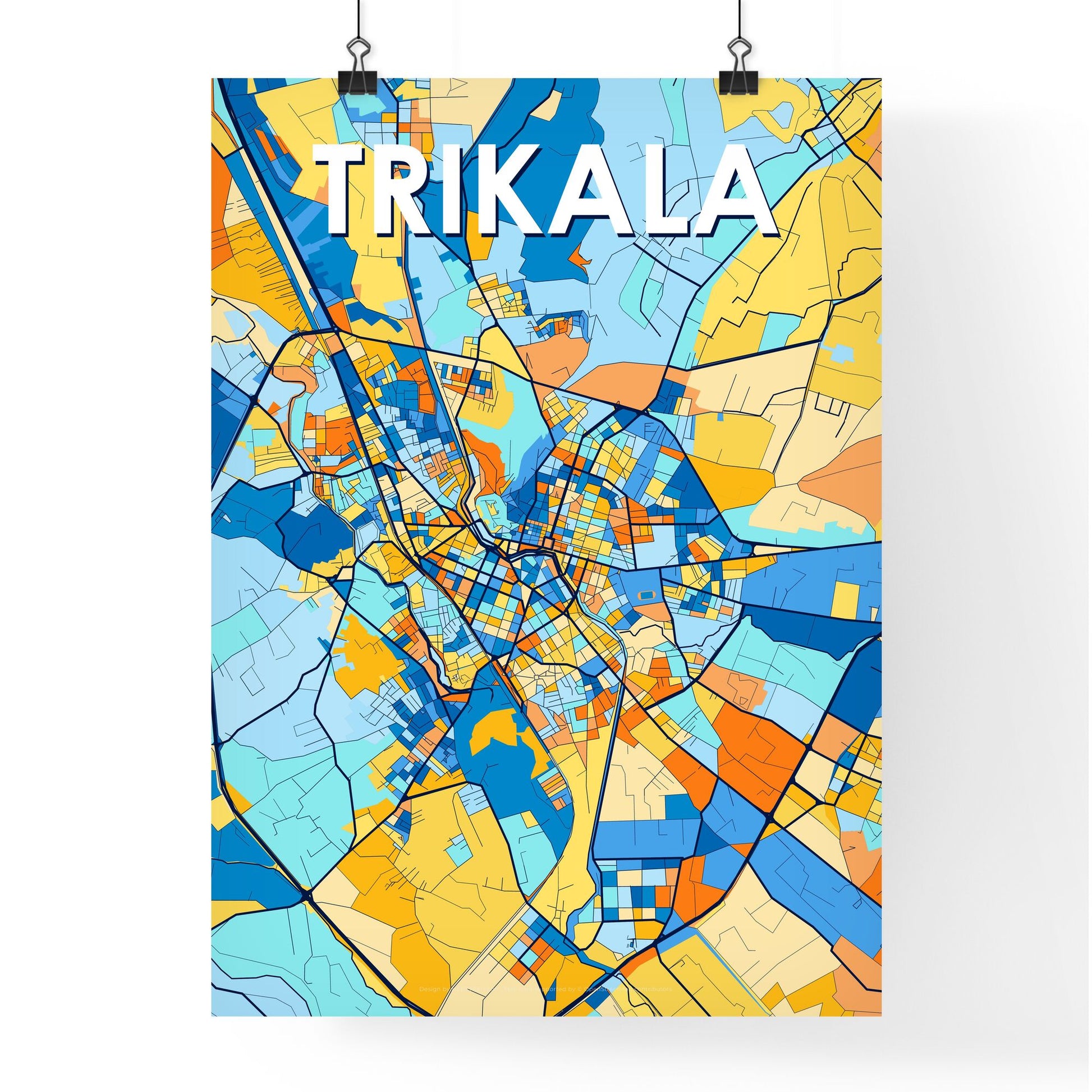 TRIKALA GREECE Vibrant Colorful Art Map Poster Blue Orange