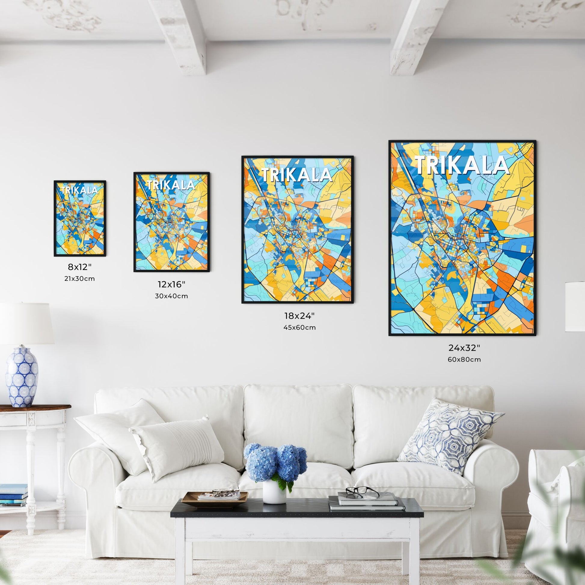 TRIKALA GREECE Vibrant Colorful Art Map Poster Blue Orange