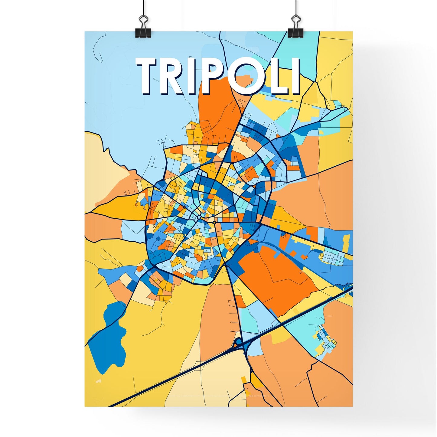 TRIPOLI GREECE Vibrant Colorful Art Map Poster Blue Orange