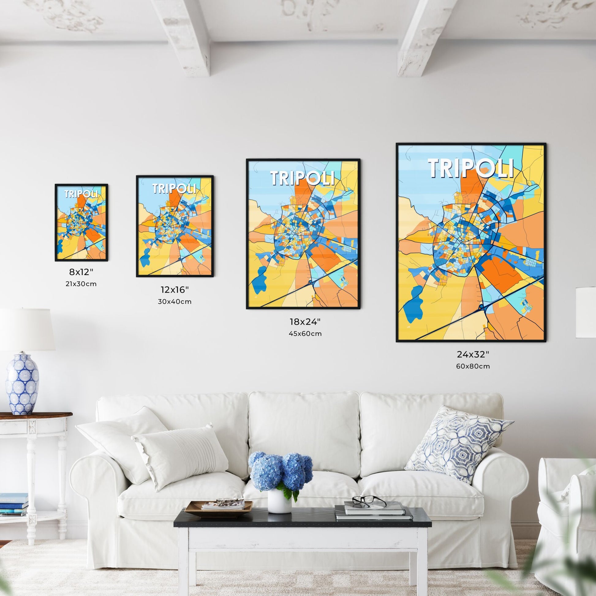 TRIPOLI GREECE Vibrant Colorful Art Map Poster Blue Orange