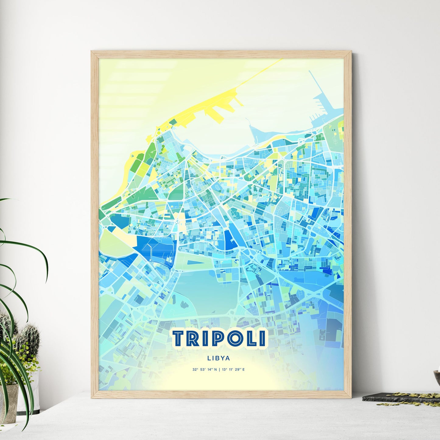 Colorful Tripoli Libya Fine Art Map Cool Blue