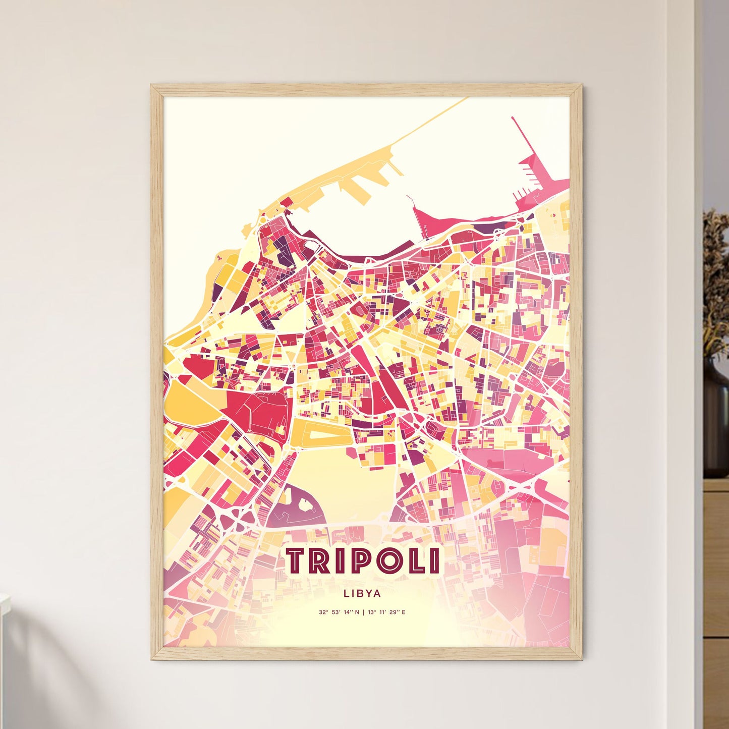 Colorful Tripoli Libya Fine Art Map Hot Red