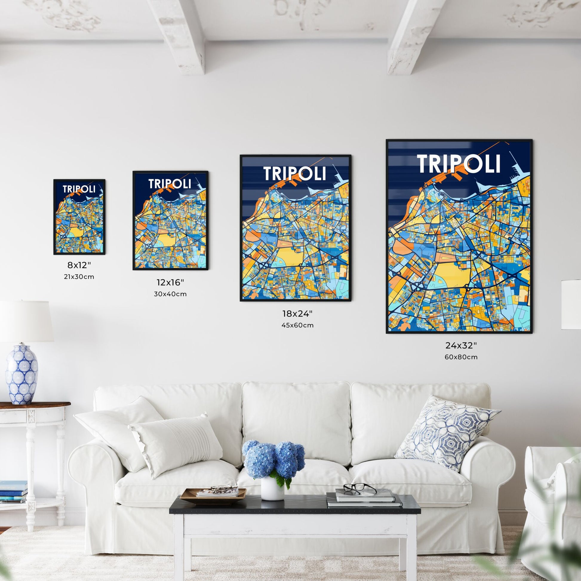 TRIPOLI LIBYA Vibrant Colorful Art Map Poster Blue Orange
