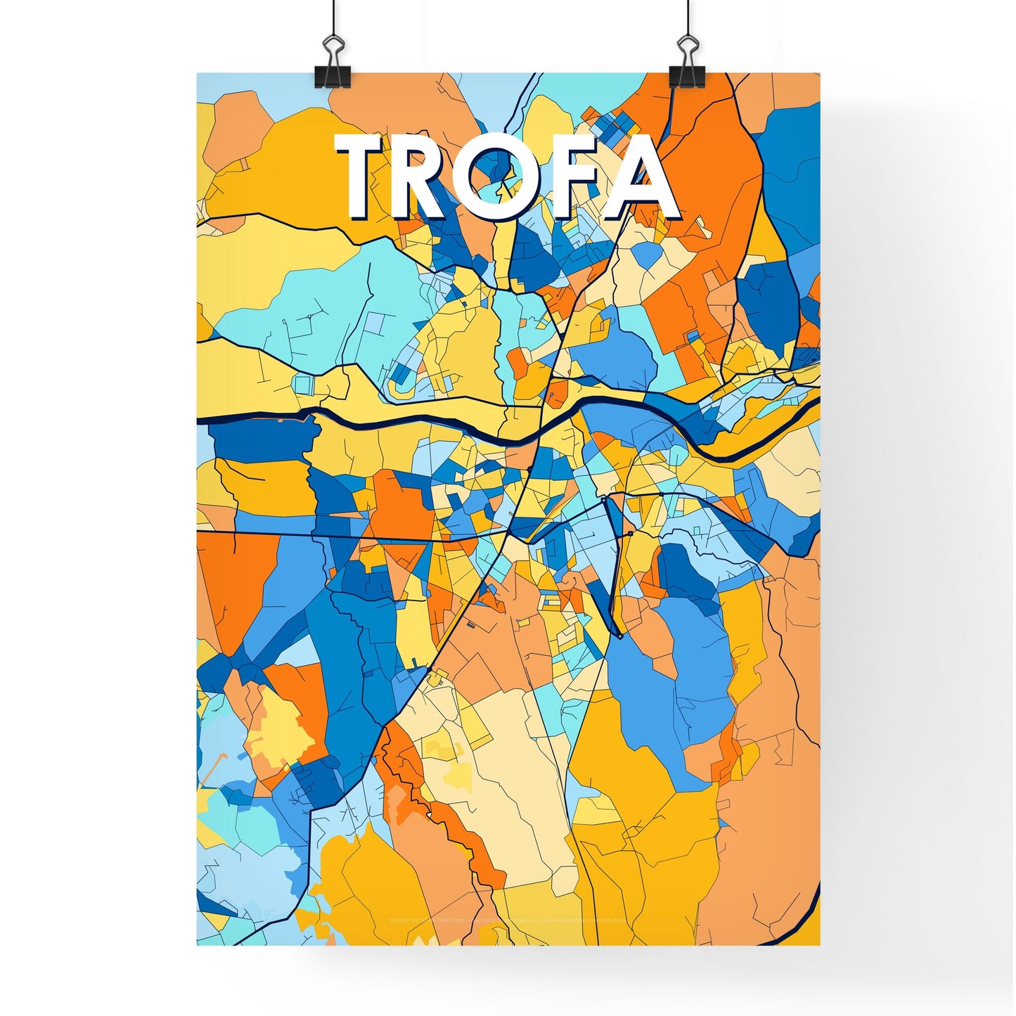 TROFA PORTUGAL Vibrant Colorful Art Map Poster Blue Orange