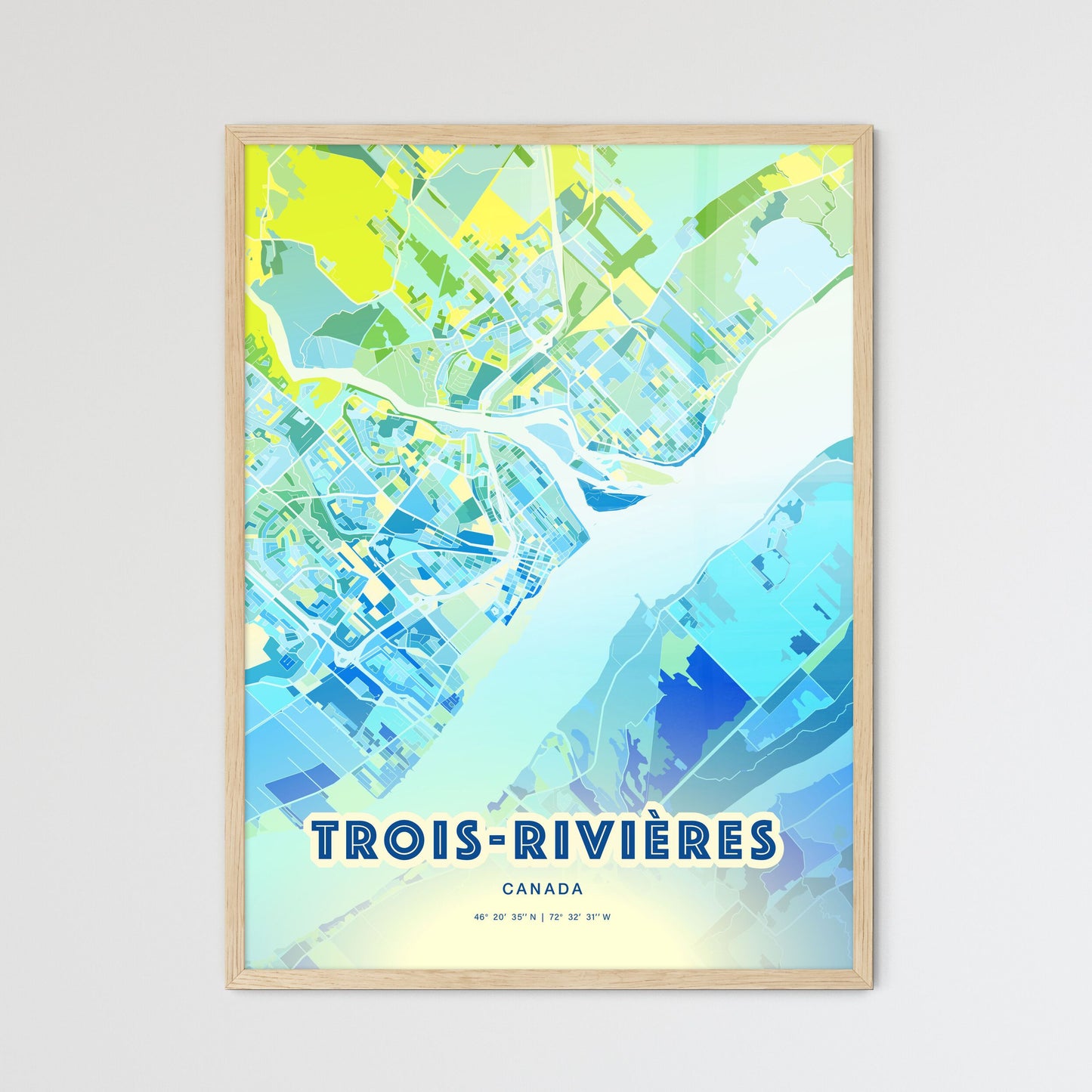 Colorful Trois-Rivières Canada Fine Art Map Cool Blue