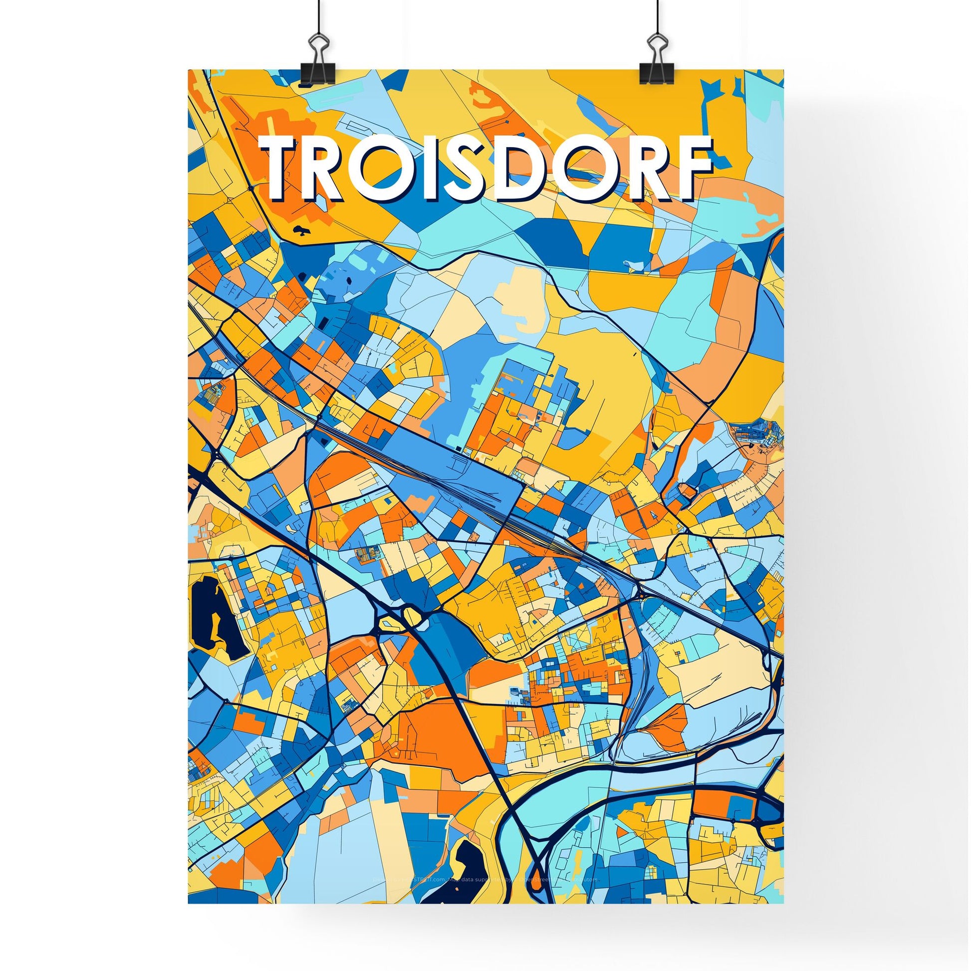 TROISDORF GERMANY Vibrant Colorful Art Map Poster Blue Orange