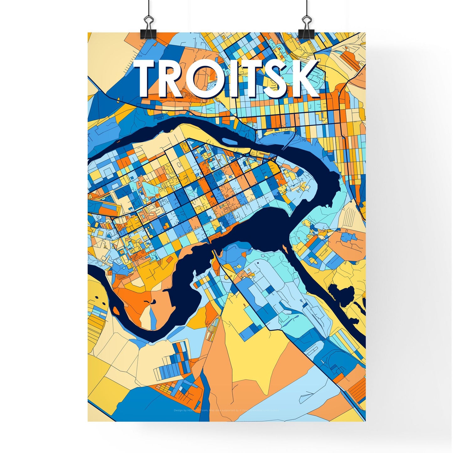 TROITSK RUSSIA Vibrant Colorful Art Map Poster Blue Orange