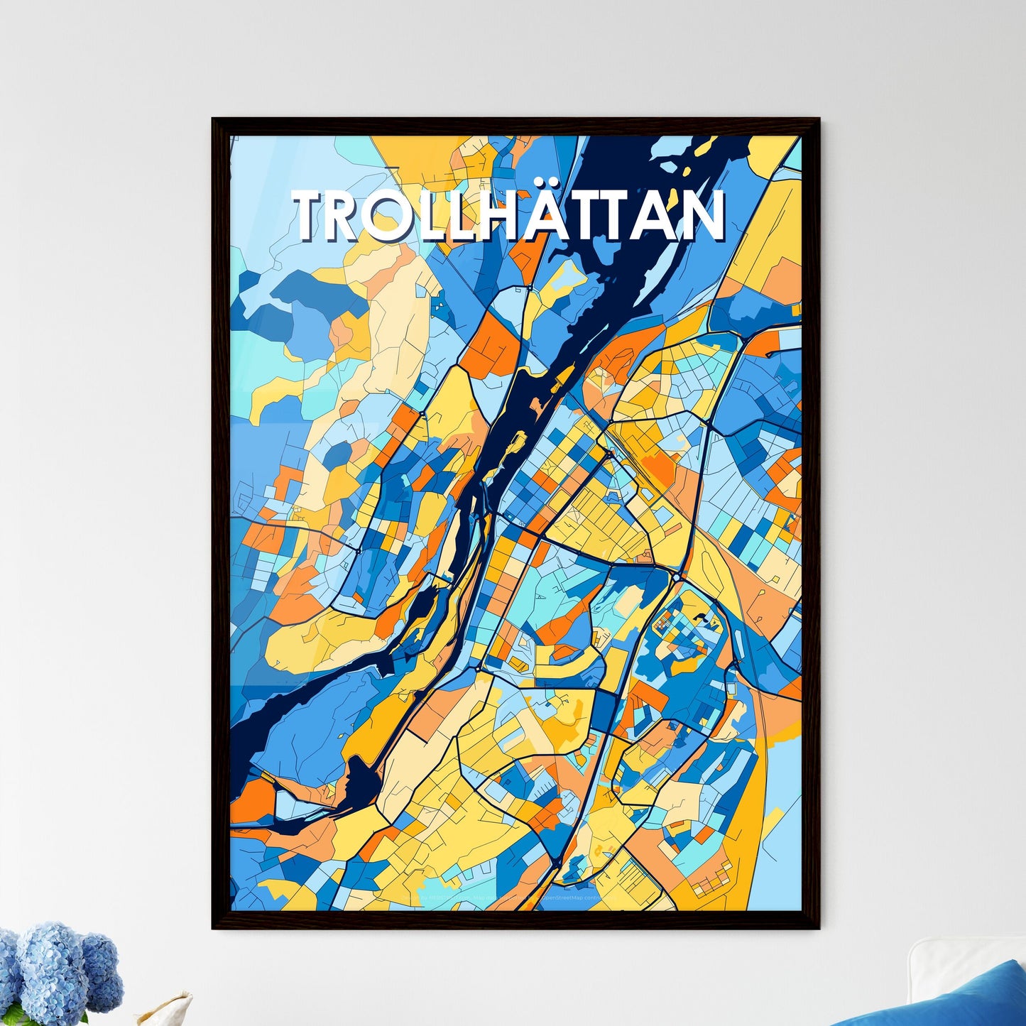 TROLLHÄTTAN SWEDEN Vibrant Colorful Art Map Poster Blue Orange