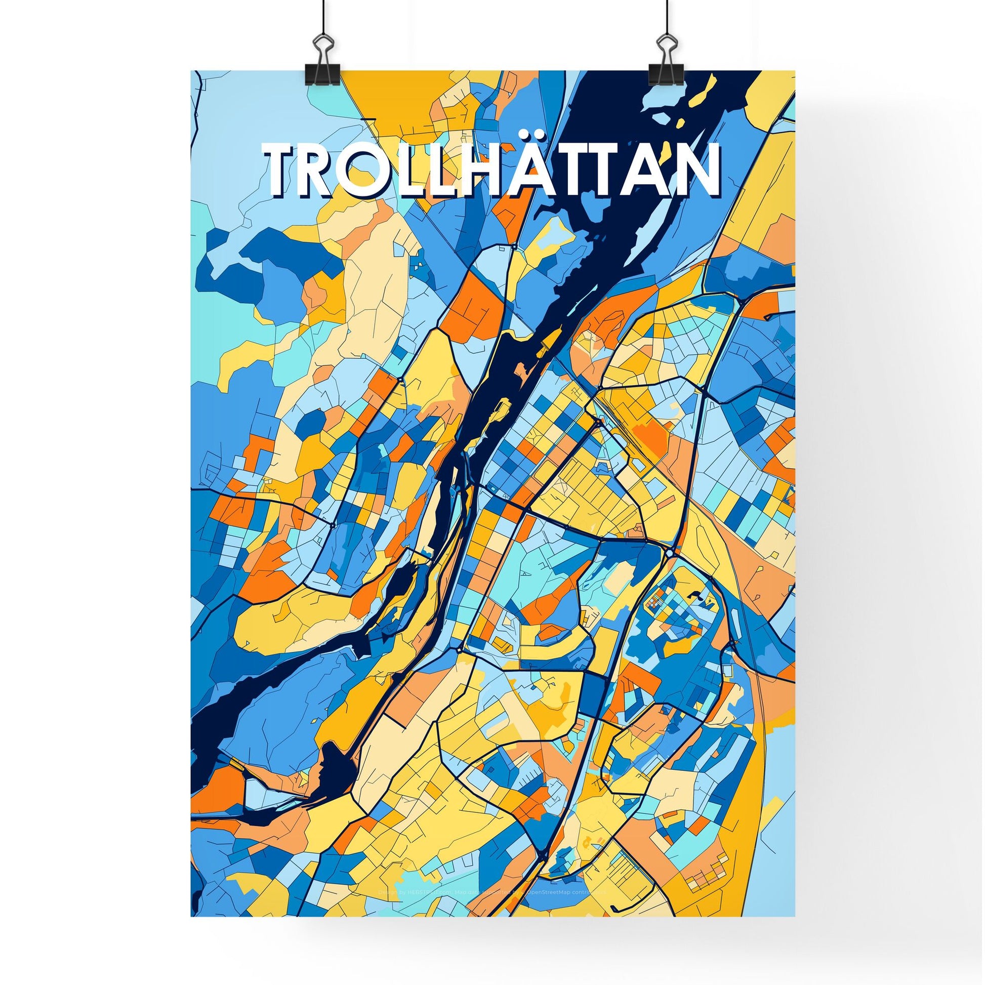 TROLLHÄTTAN SWEDEN Vibrant Colorful Art Map Poster Blue Orange