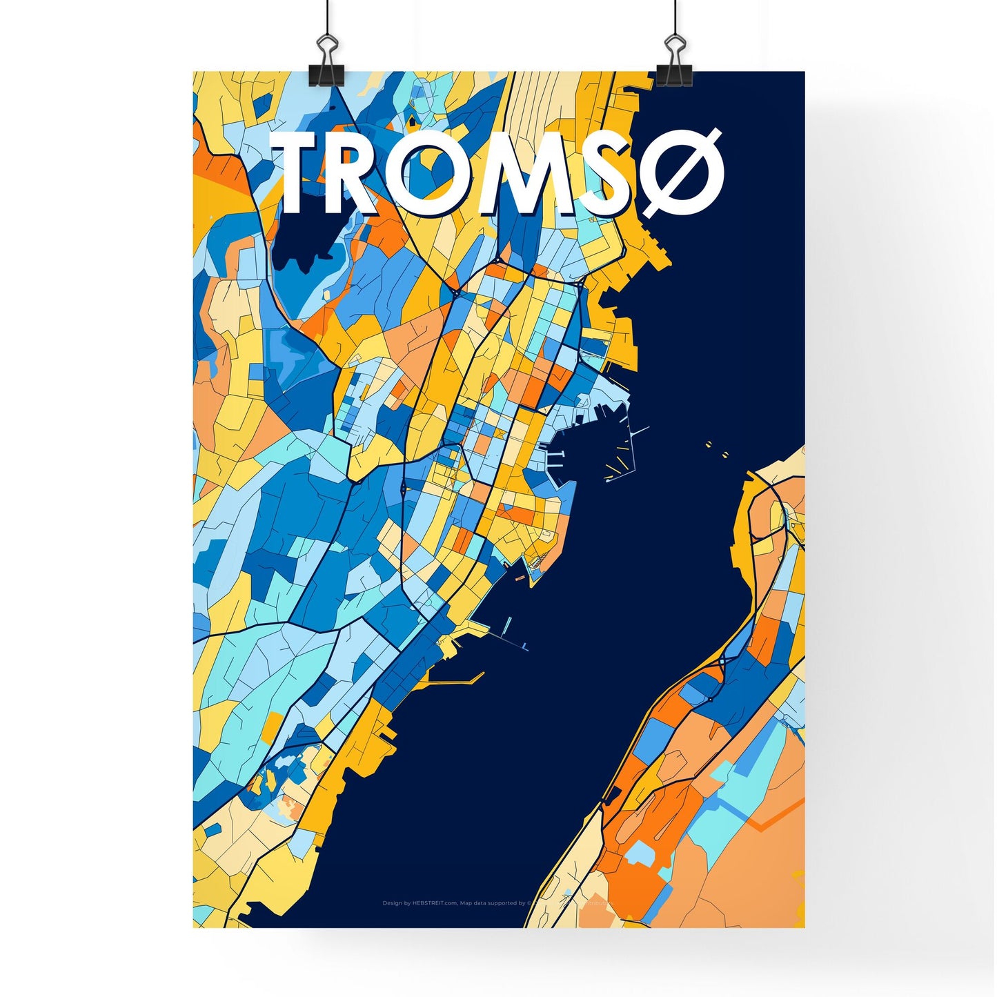 TROMSØ NORWAY Vibrant Colorful Art Map Poster Blue Orange