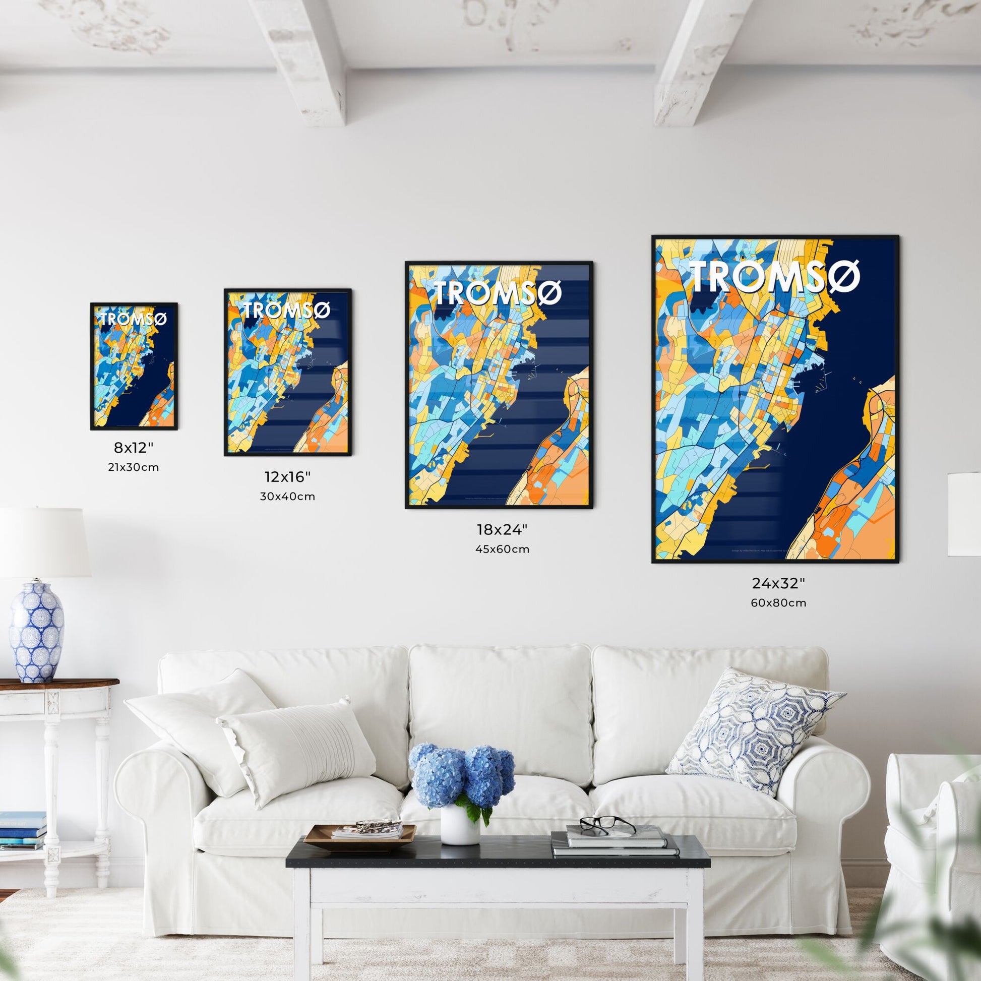 TROMSØ NORWAY Vibrant Colorful Art Map Poster Blue Orange