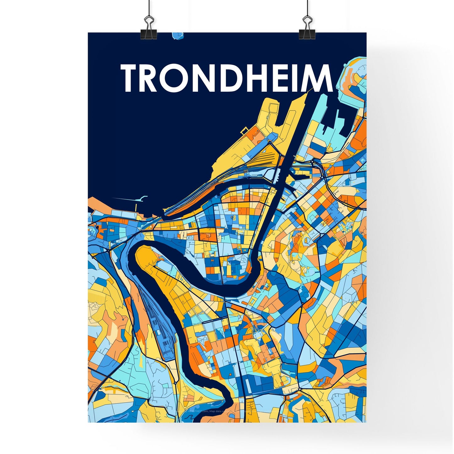 TRONDHEIM NORWAY Vibrant Colorful Art Map Poster Blue Orange