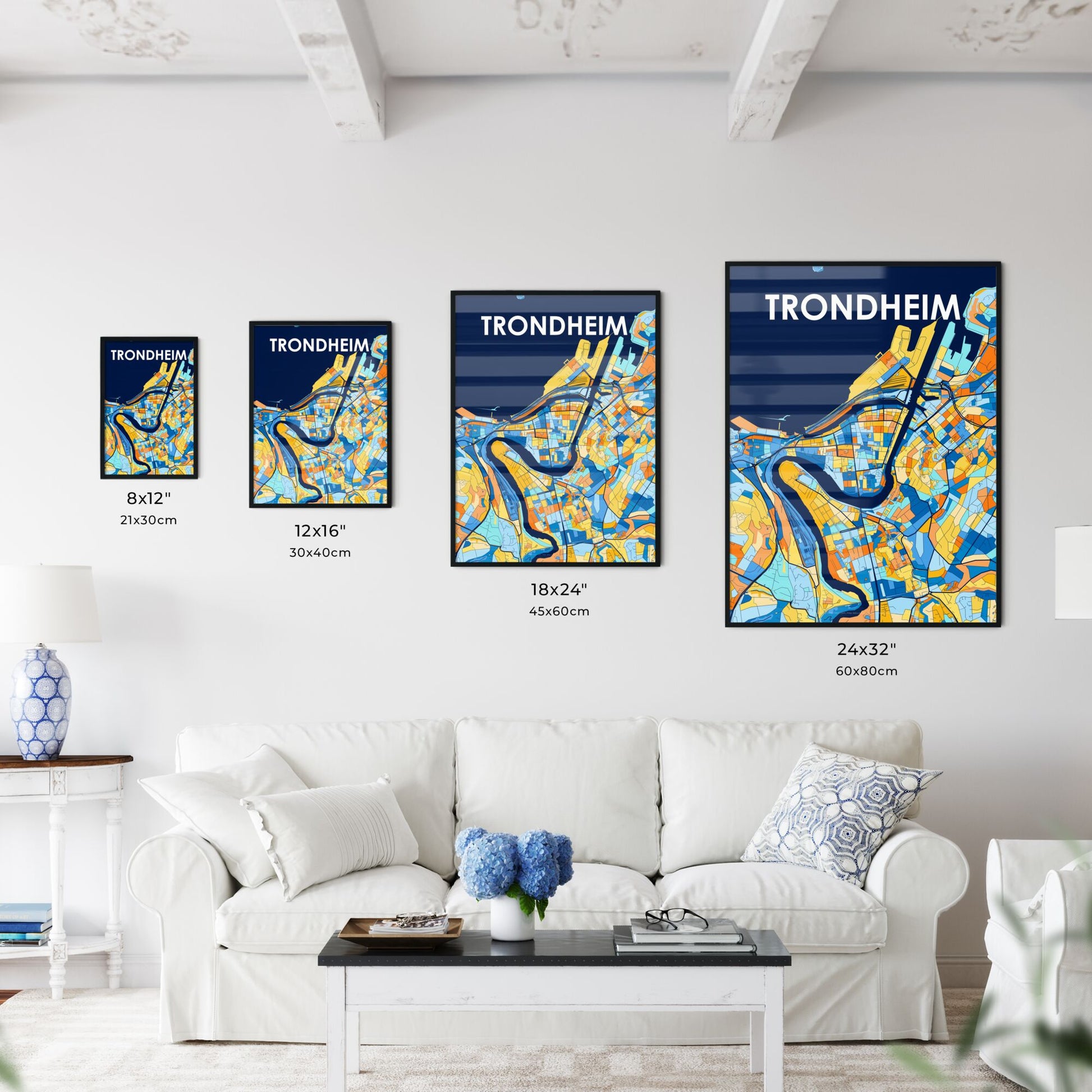 TRONDHEIM NORWAY Vibrant Colorful Art Map Poster Blue Orange