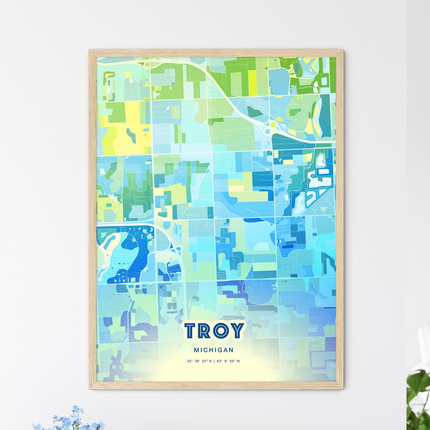 Colorful Troy Michigan Fine Art Map Cool Blue