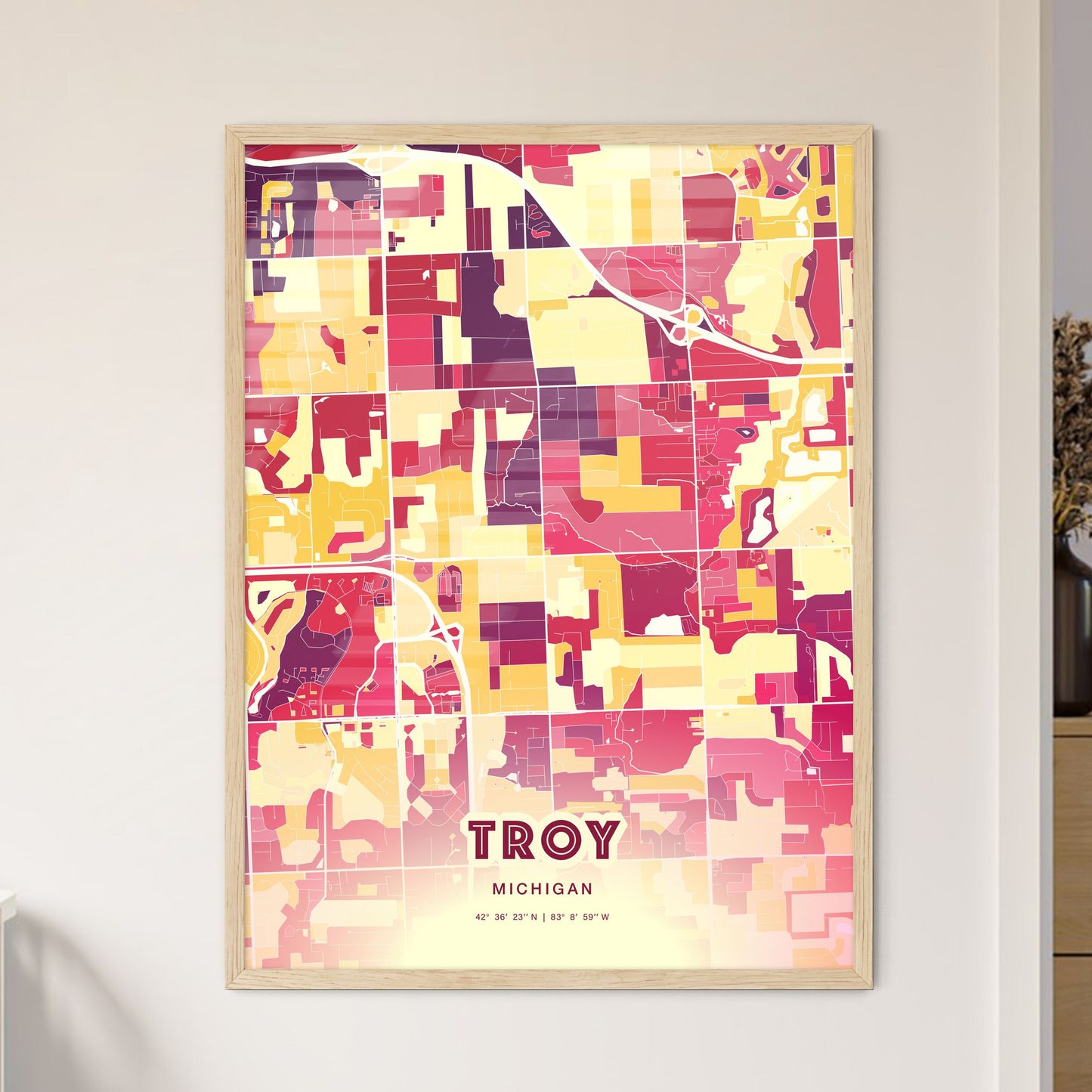 Colorful Troy Michigan Fine Art Map Hot Red