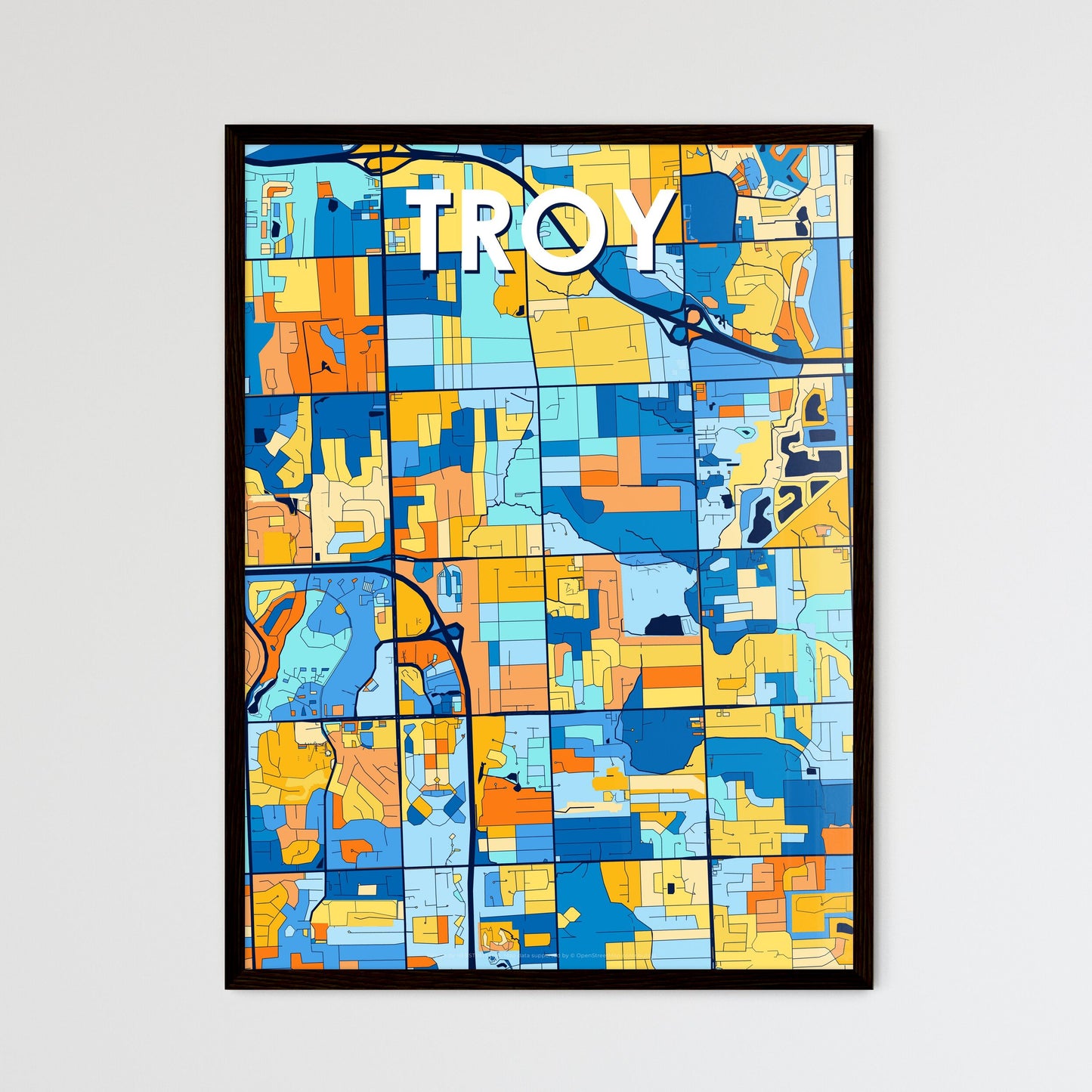 TROY MICHIGAN Vibrant Colorful Art Map Poster Blue Orange