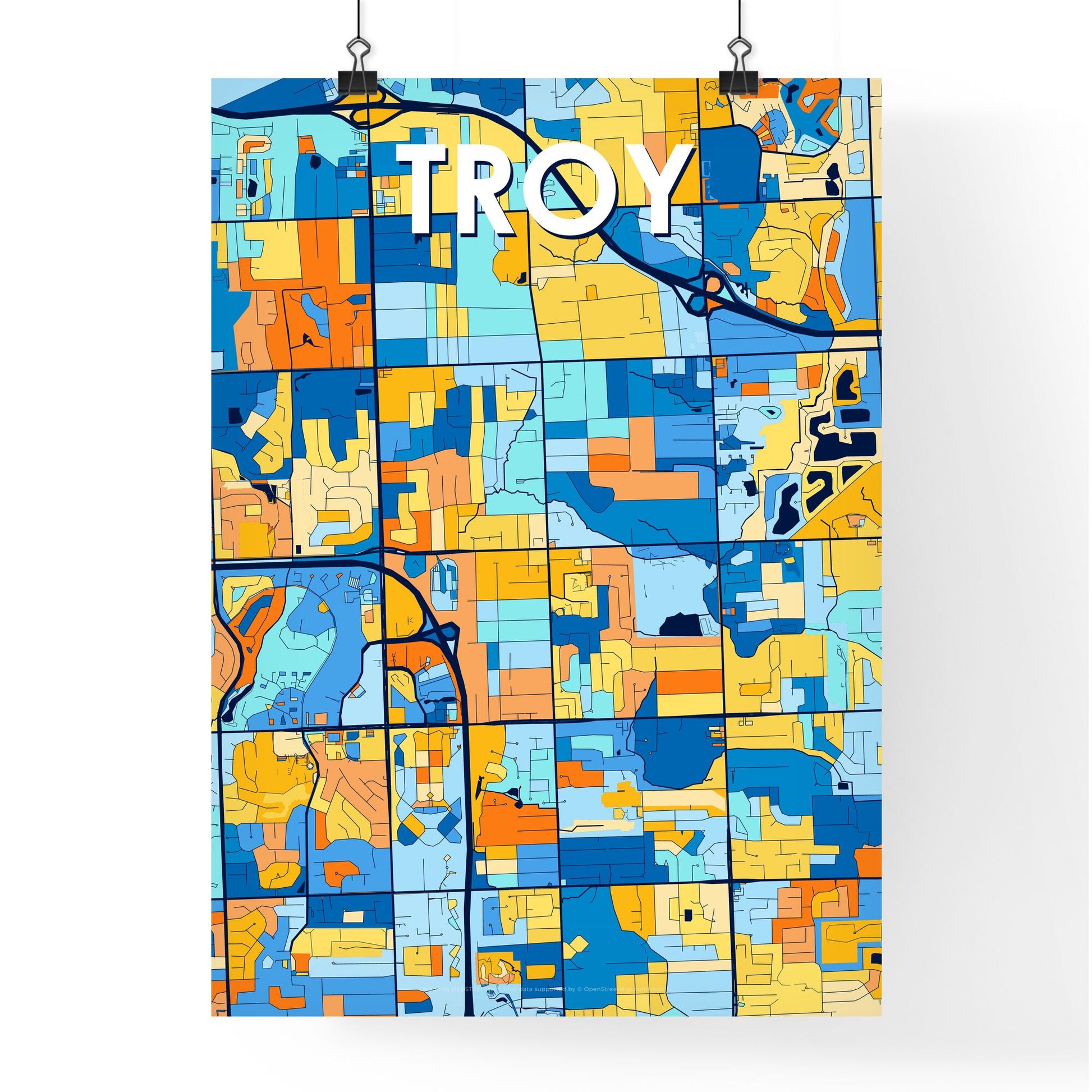 TROY MICHIGAN Vibrant Colorful Art Map Poster Blue Orange