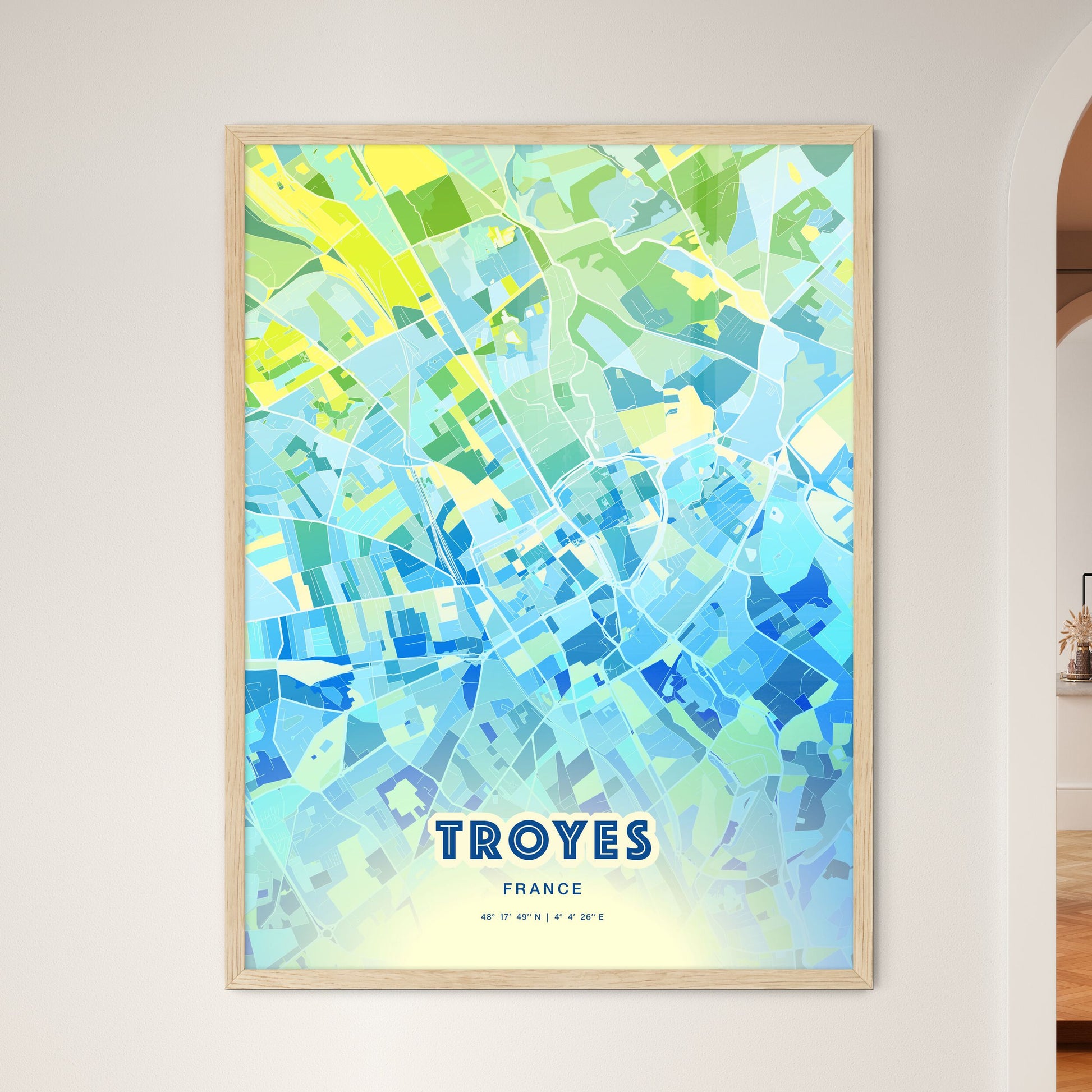 Colorful Troyes France Fine Art Map Cool Blue