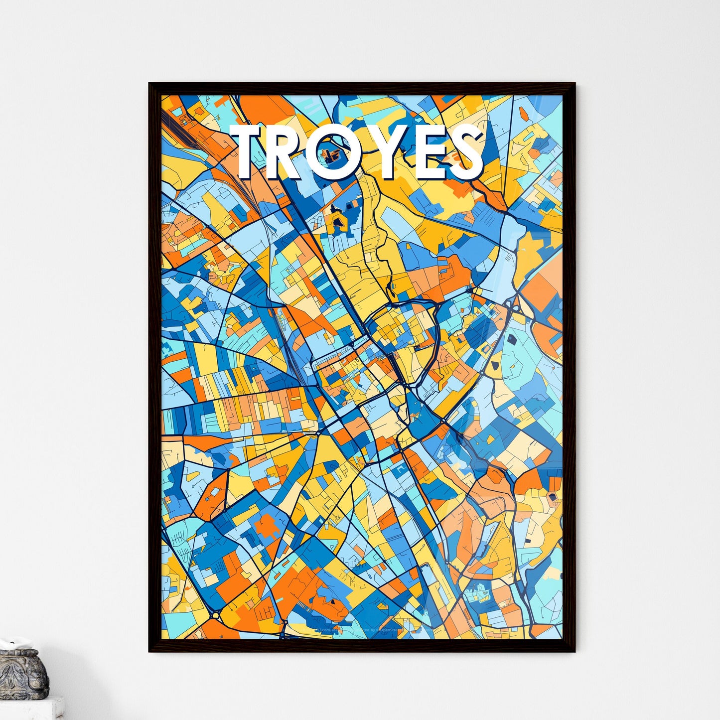 TROYES FRANCE Vibrant Colorful Art Map Poster Blue Orange